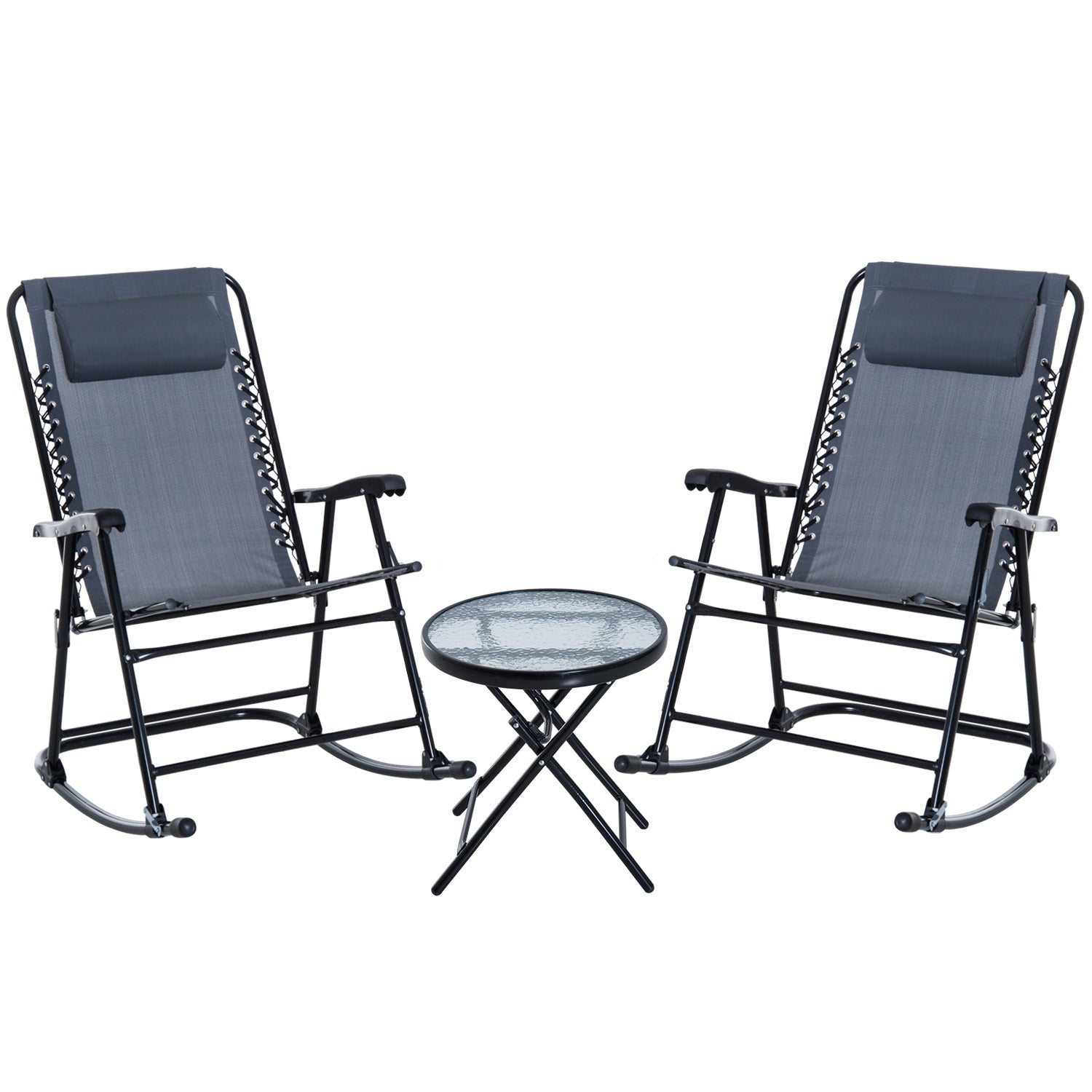 Outdoor Folding Rocking Chair Patio Table Seating Set, 2 Rocking Chairs with Armrests and 1 Side Table with Tempered Glass - Gray