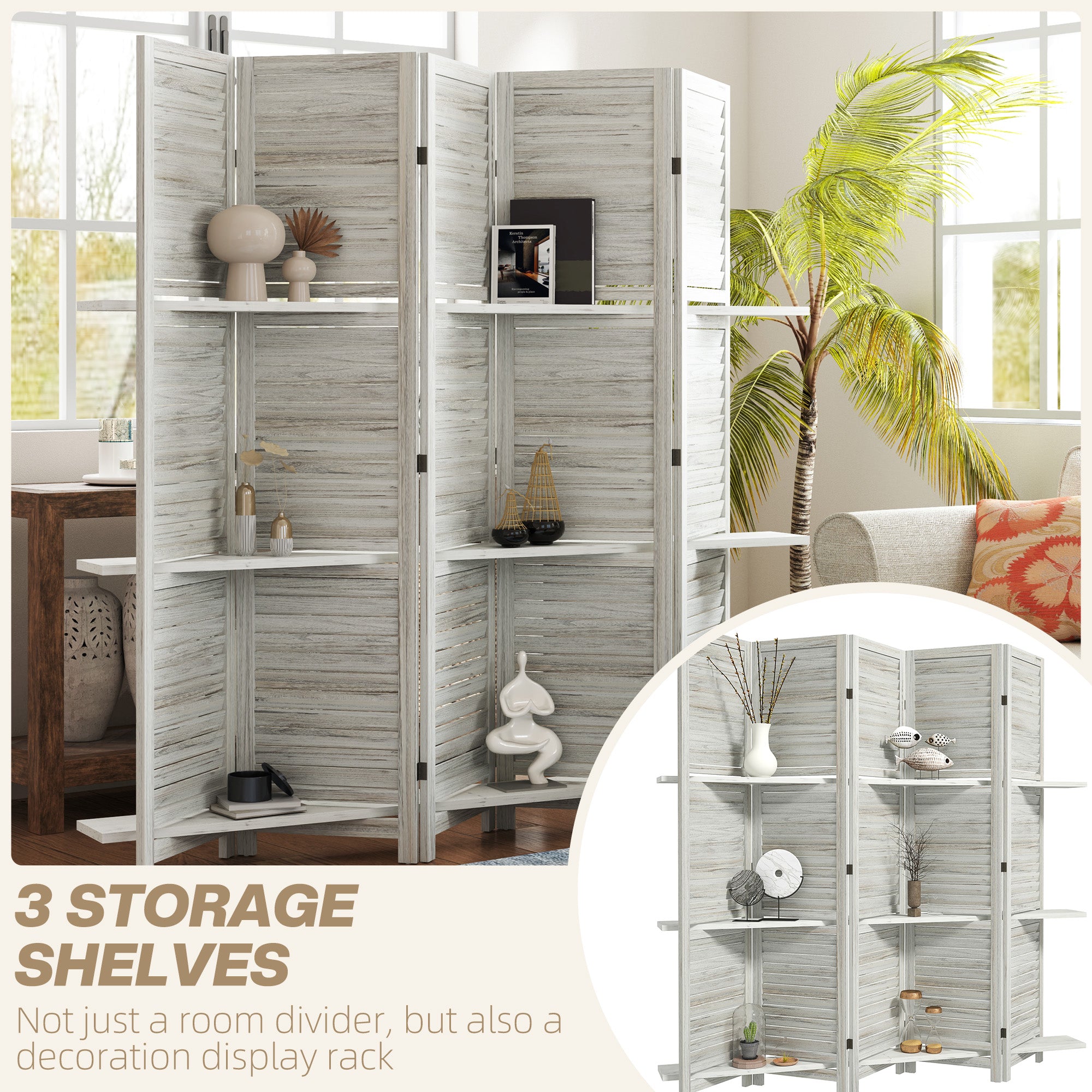 5 Panel 67" Tall Wood Privacy Screen Room Divider with 3 Shelves and Folding Storage for Bedroom, Distressed White