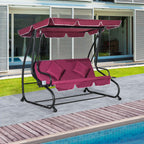 3-Seat Outdoor Patio Swing Chair, Converting Flatbed, Outdoor Swing Glider with Adjustable Canopy, Removable Cushion and Pillows, for Porch, Garden, Poolside, Backyard, Red