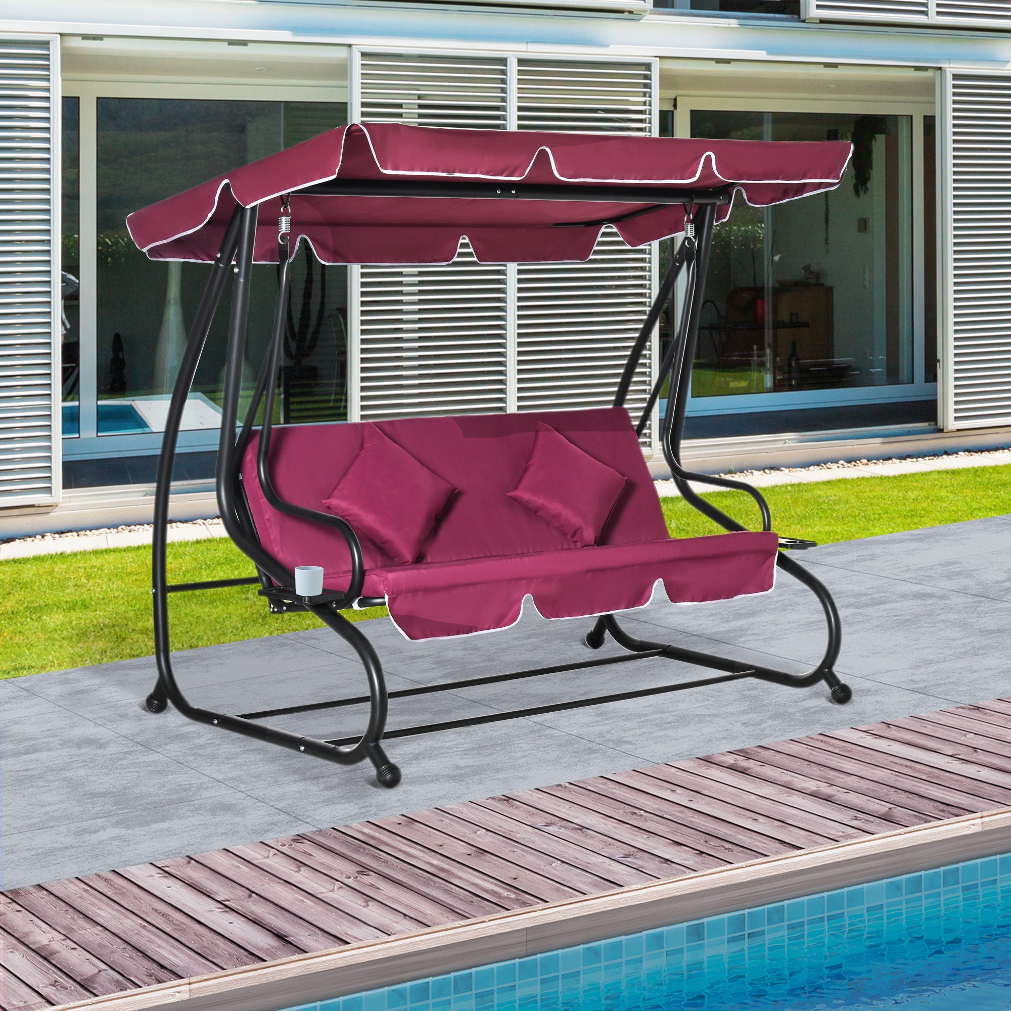 3-Seat Outdoor Patio Swing Chair, Converting Flatbed, Outdoor Swing Glider with Adjustable Canopy, Removable Cushion and Pillows, for Porch, Garden, Poolside, Backyard, Red