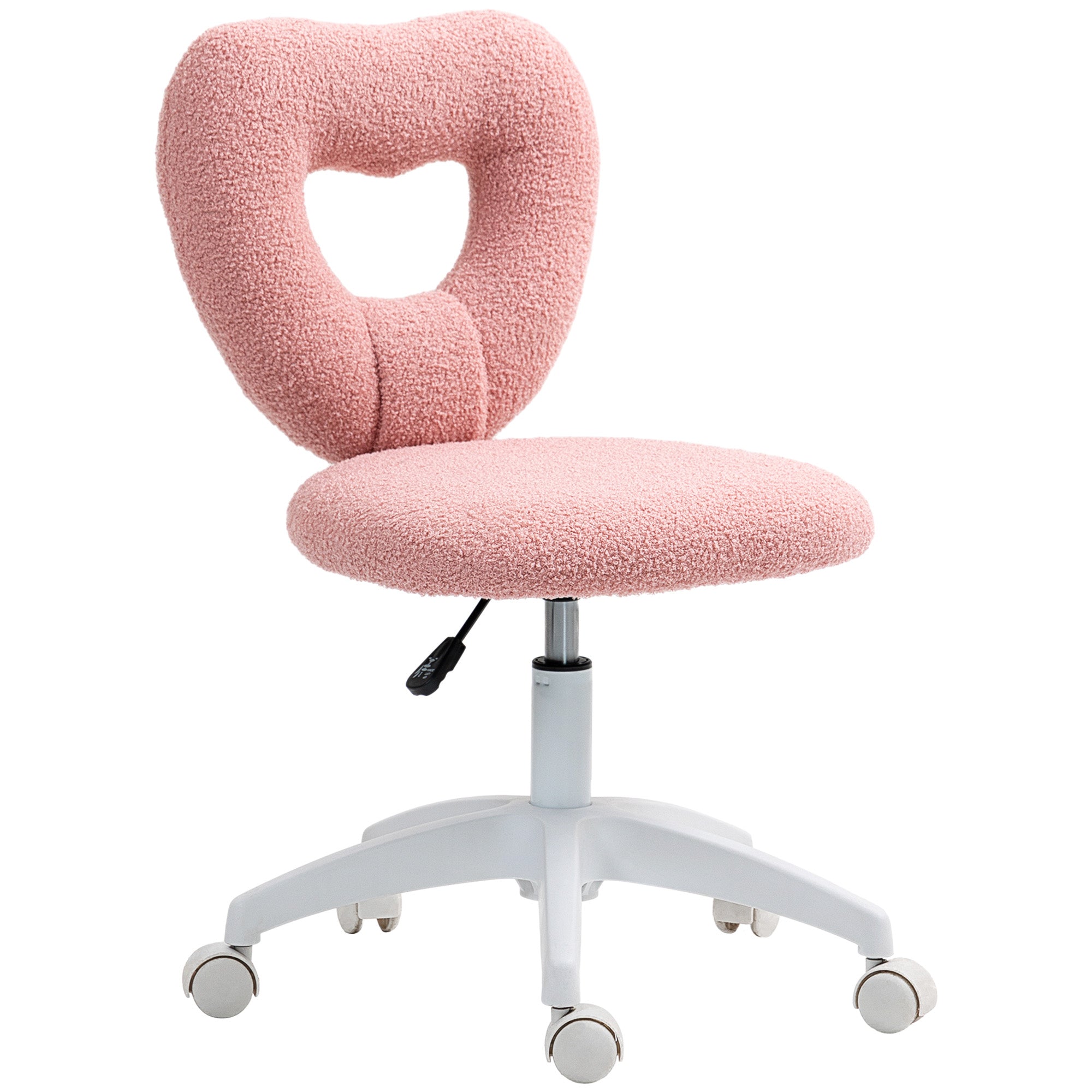 Armless Computer Desk Chair, Office Task Chair, Teddy Fleece Heart Makeup Vanity Chair with Swivel Wheels, Pink