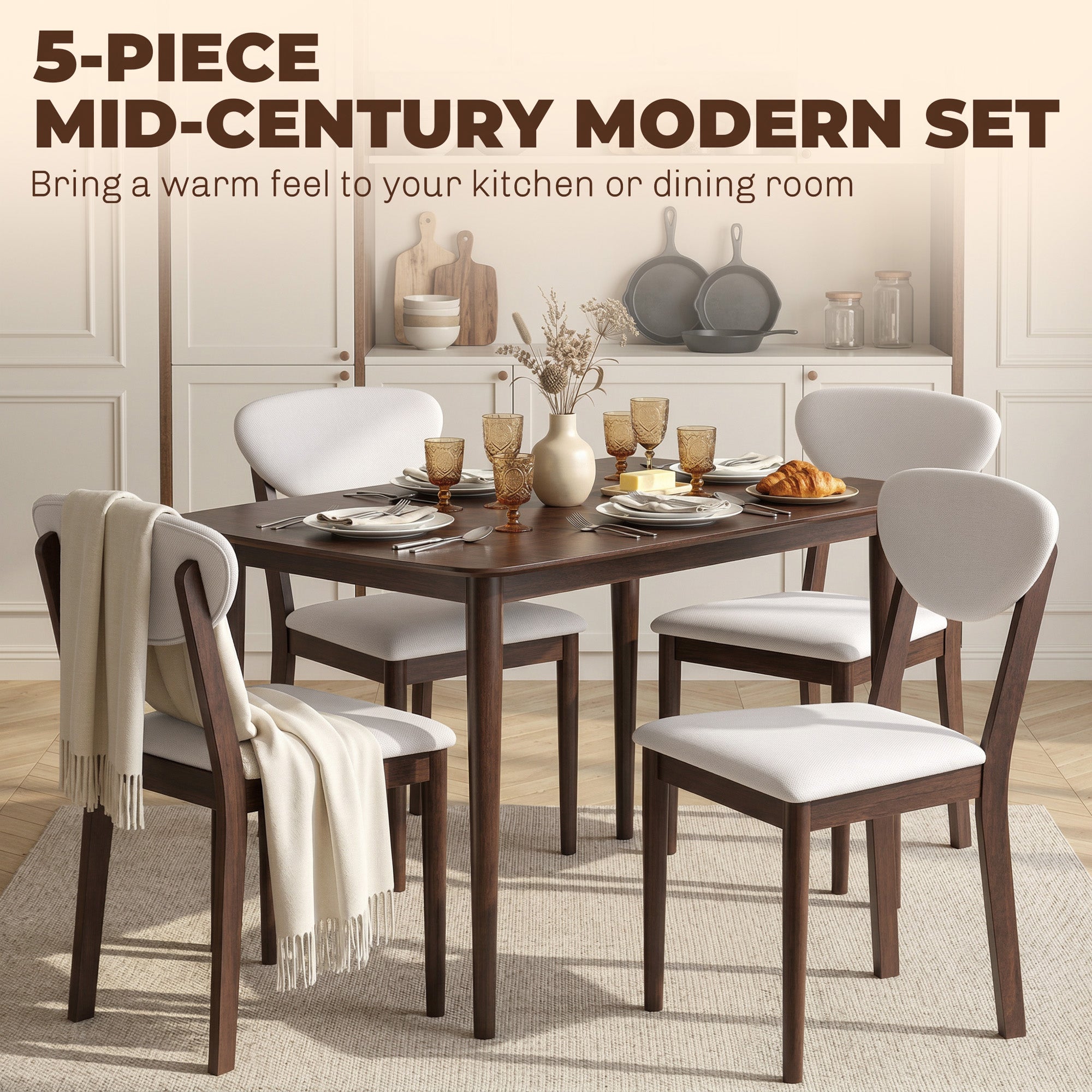 5-Piece Dining Table Set for 4, Mid-Century Modern Kitchen Table and Chairs, Cream White