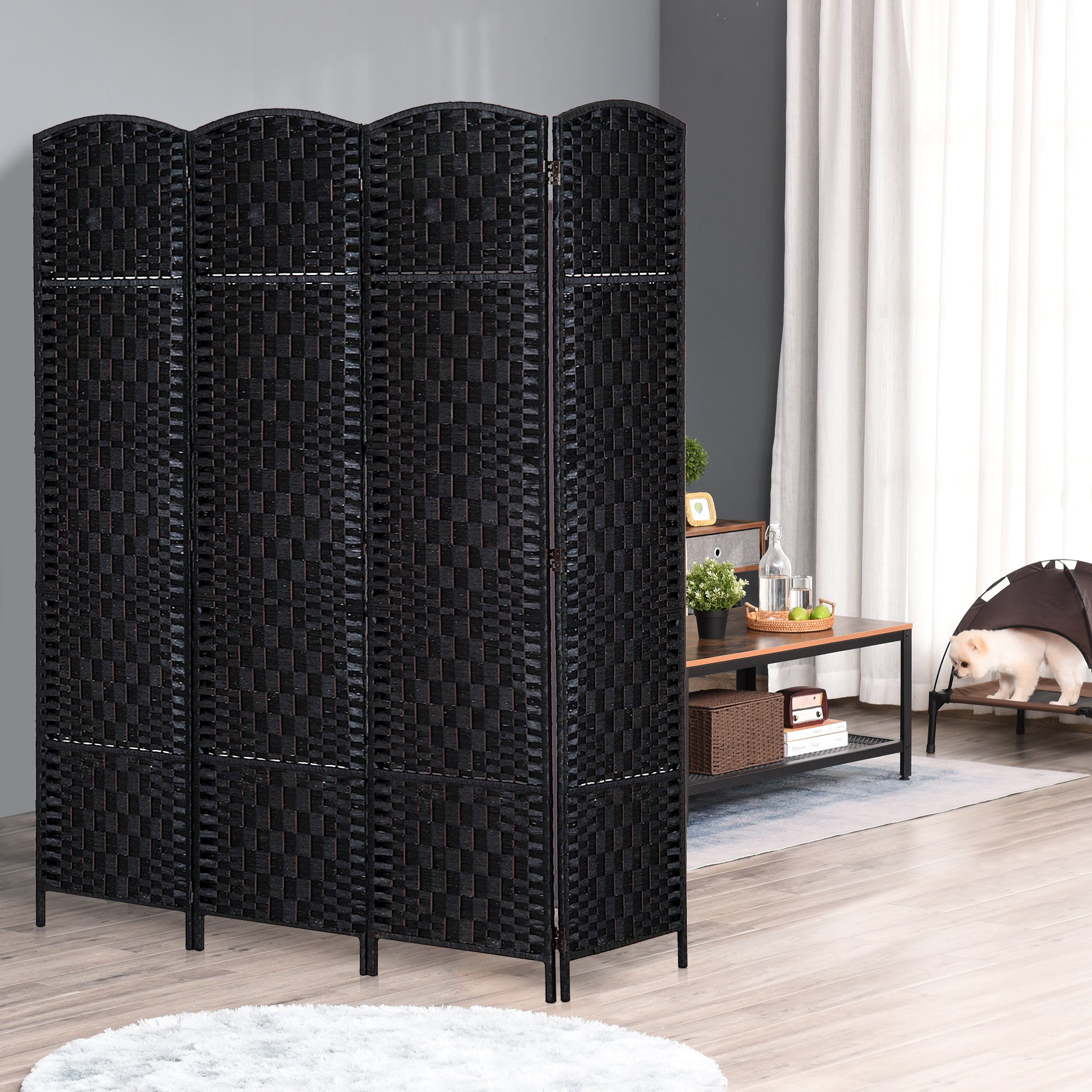 Room Divider 4 Panel, 6FT Tall Folding Privacy Screen, Freestanding Hand-Woven Partition for Room Separation with 360° Hinges, Paper Rope Diamond Weave, Black