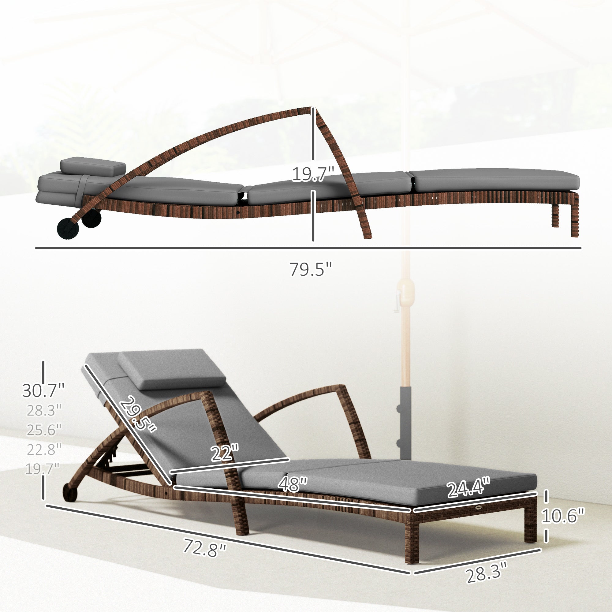 Set of 2 Wicker Chaise Lounge Chair Outdoor Patio Lounger with 5 Adjustable Back, Wheels, Cushion, and Armrests, Gray