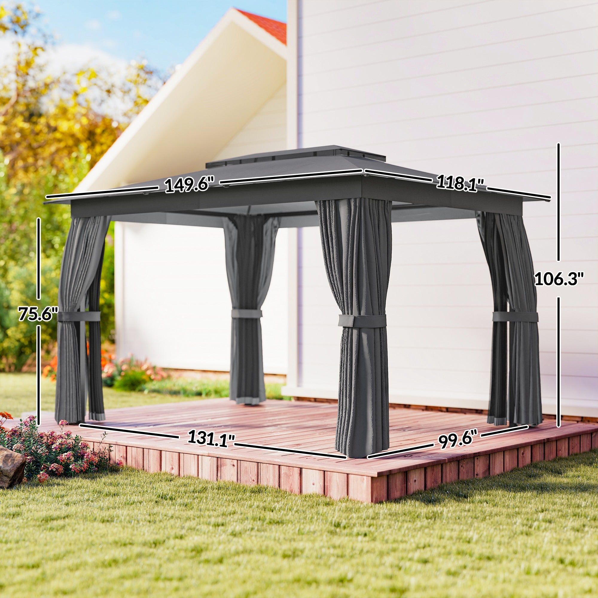 10' x 12' Outdoor Patio Gazebo, Soft Top Gazebo Canopy Shelter with Curtains, Netting, Steel Frame, Hooks, Dark Gray