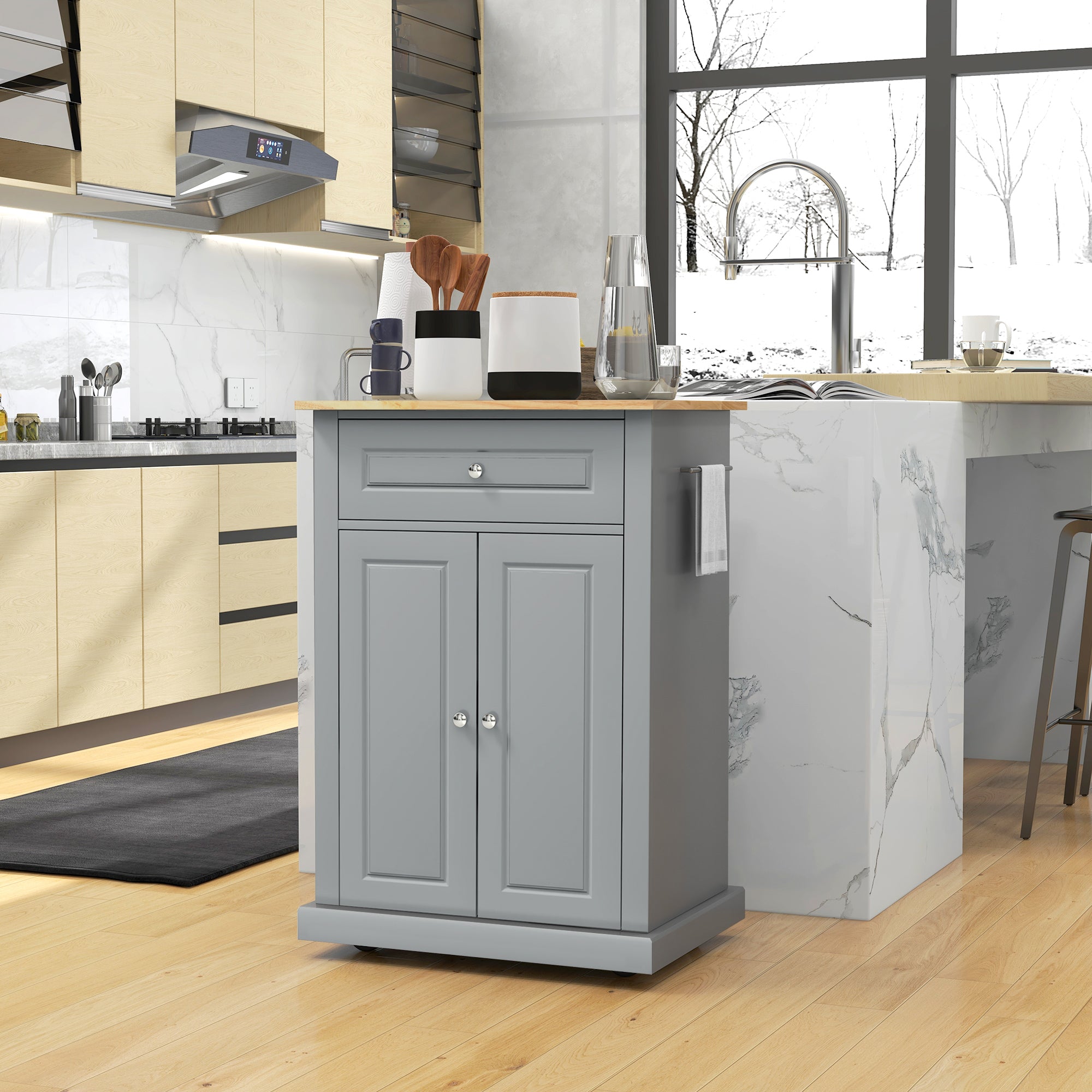 Rolling Kitchen Island Cart, Portable Serving Trolley Table with Drawer, Adjustable Shelf and 2 Towel Racks, Grey