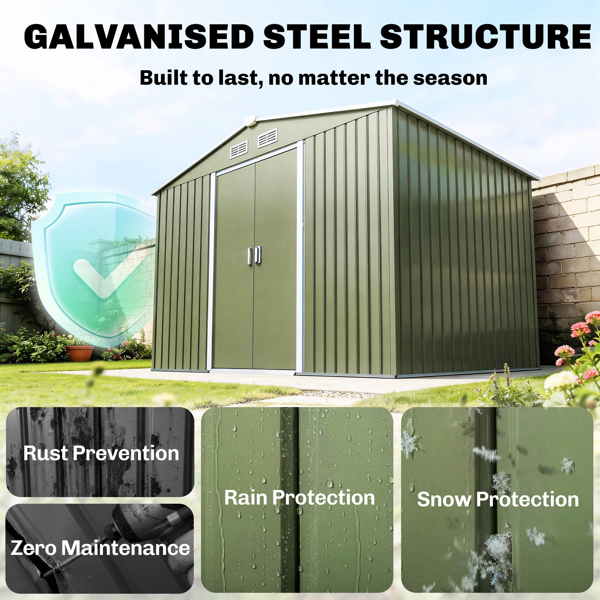 9' x 6' Outdoor Storage Shed, Garden Tool Metal Shed with Foundation Kit, Double Lockable Door, Air Vents and Sloping Roof, for Backyard, Patio, Lawn, Green