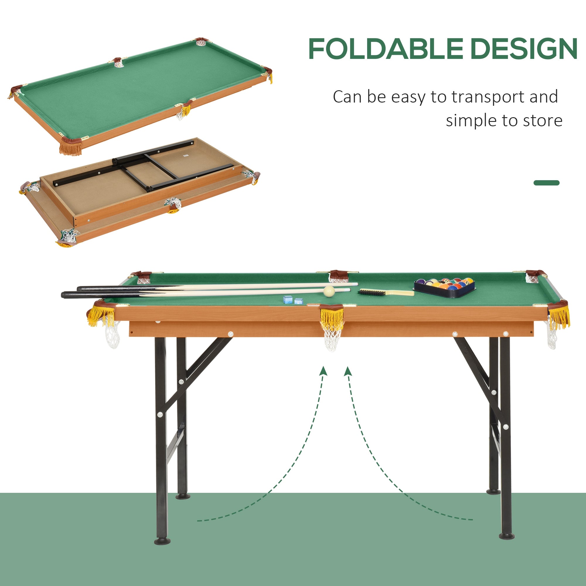 55'' Portable Folding Billiards Table Game Pool Table for Whole Family Number Use With Cues, Ball, Rack, Green