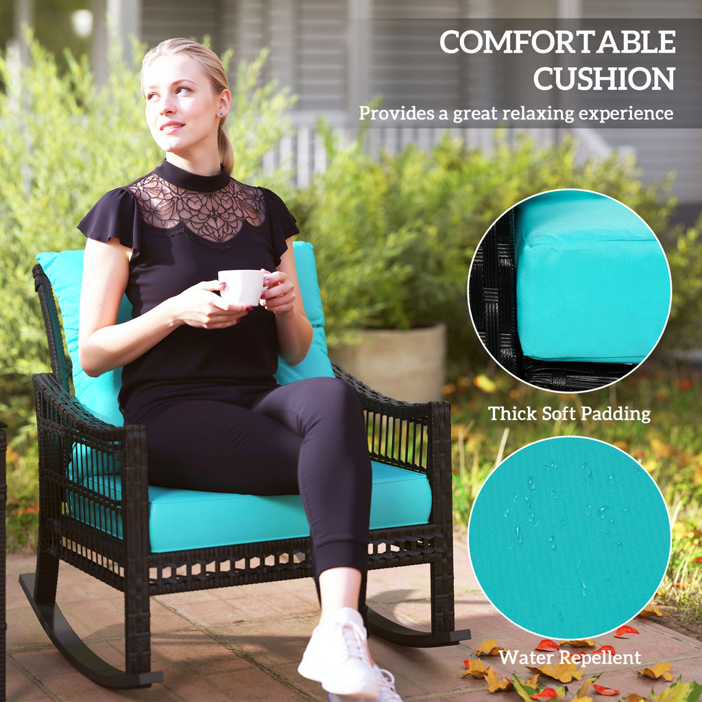 3 Piece Outdoor PE Rattan Rocker Chair Set, Rocking Chair with Tempered Glass Table Top, Turquoise Green
