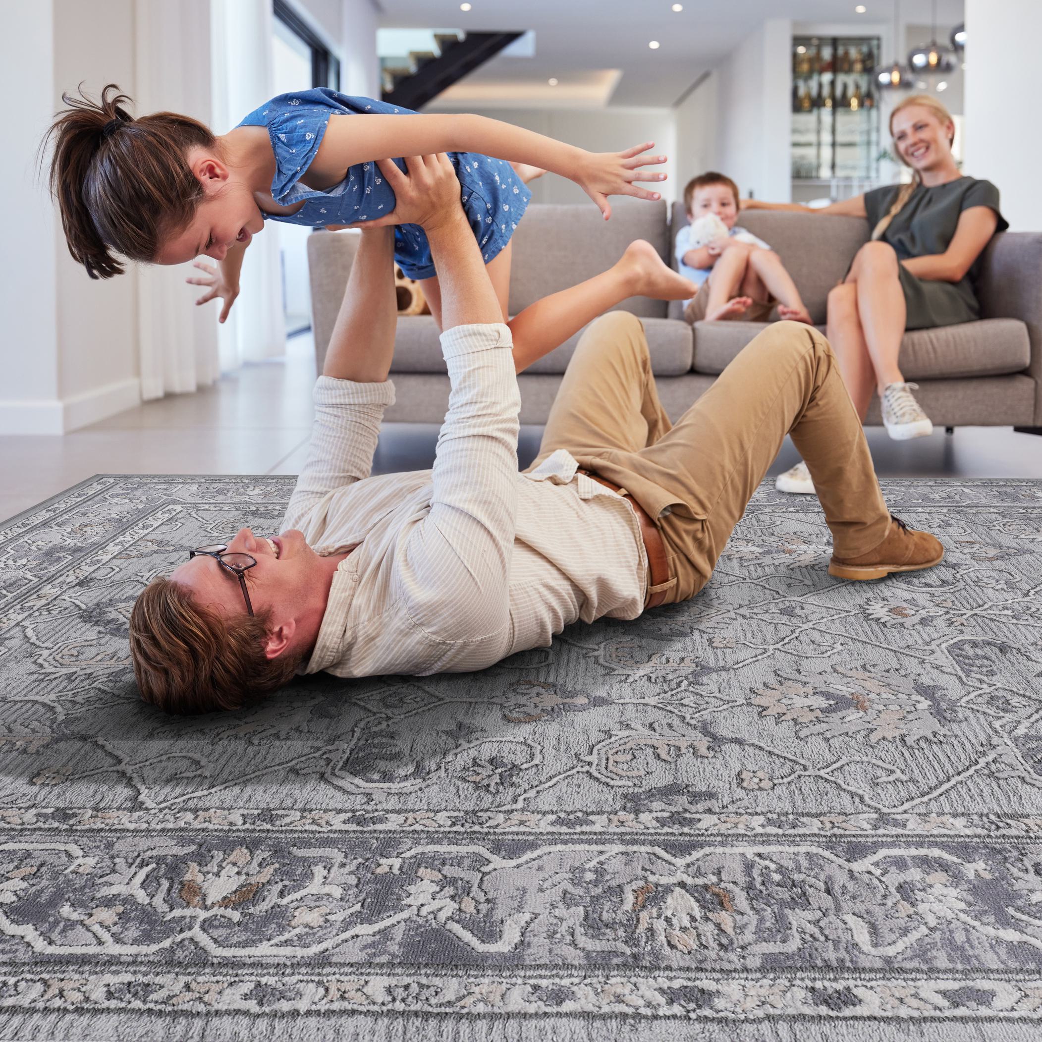 Naar 8x10 Stain-Resistant Area Rug with Cotton Backing, Medium Pile Height, Kid and Pet-Friendly Carpet, 120" L x 93" W x 0.35" H, Ivory+Gray