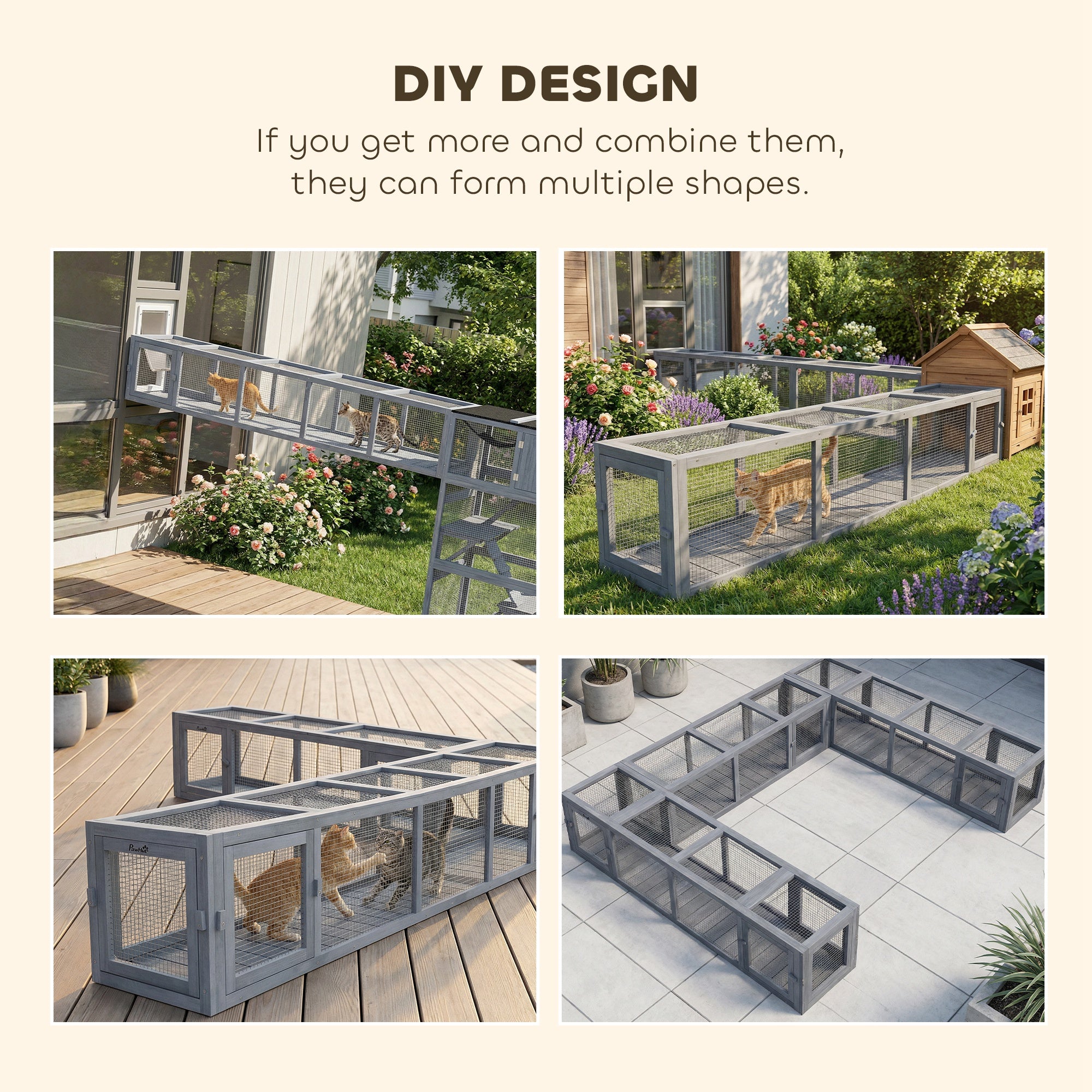 Wooden Cat Run with Weather Protection, Connecting Inside and Outside, 79"L x 15"W x 15"H, Dark Gray