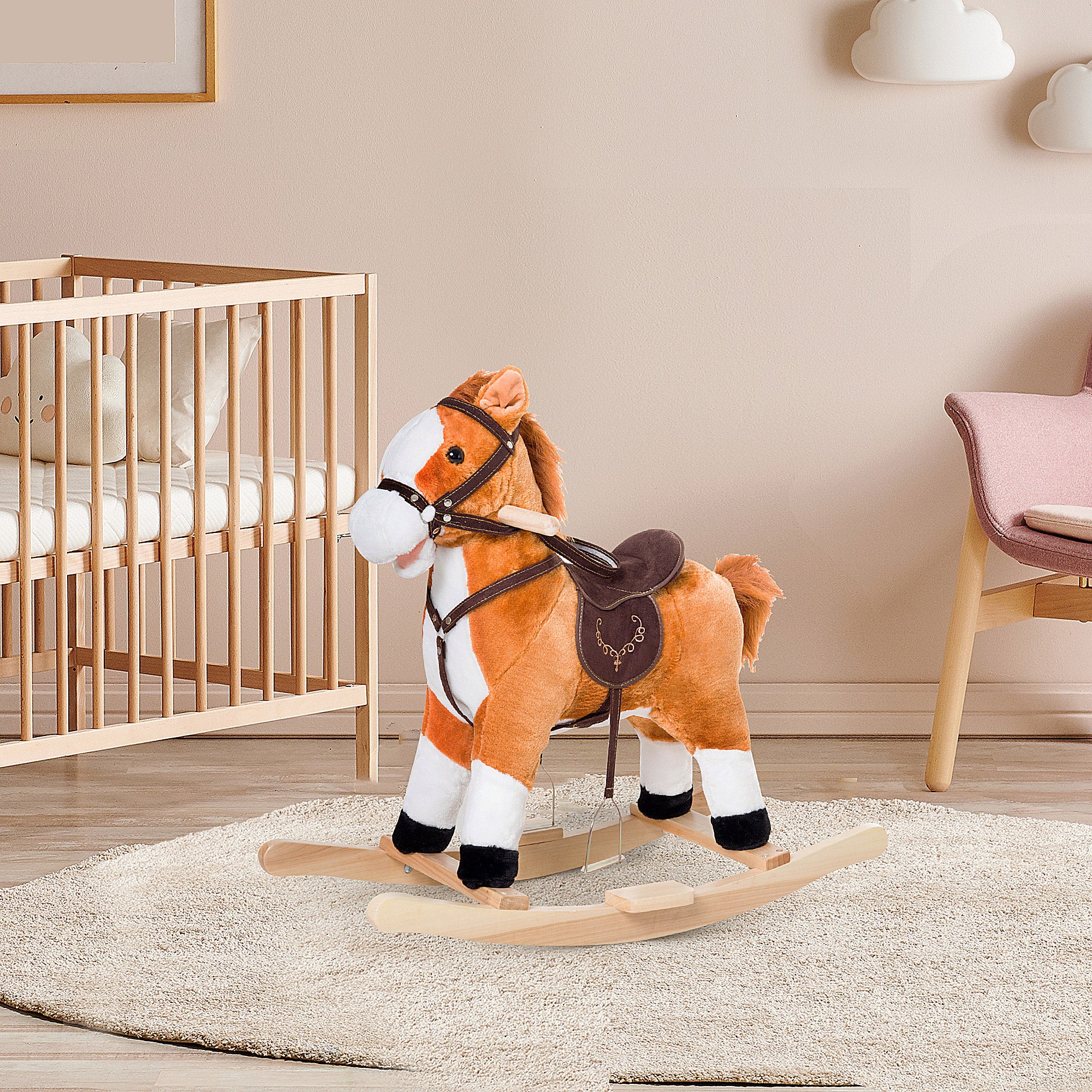 Kids Plush Toy Rocking Horse, Wooden Ride-on Chair, Plush Animal Rocker with Realistic Sounds and Moving Tail for Toddlers, Brown