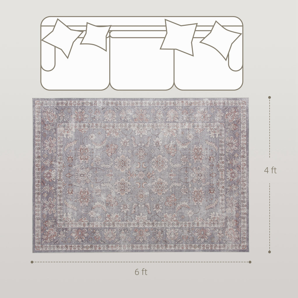 Machine Washable Area Rug 4x6, Non-Slip Traditional Flower Print Floor Carpet for Living Room, Bedroom, Grey and Brown