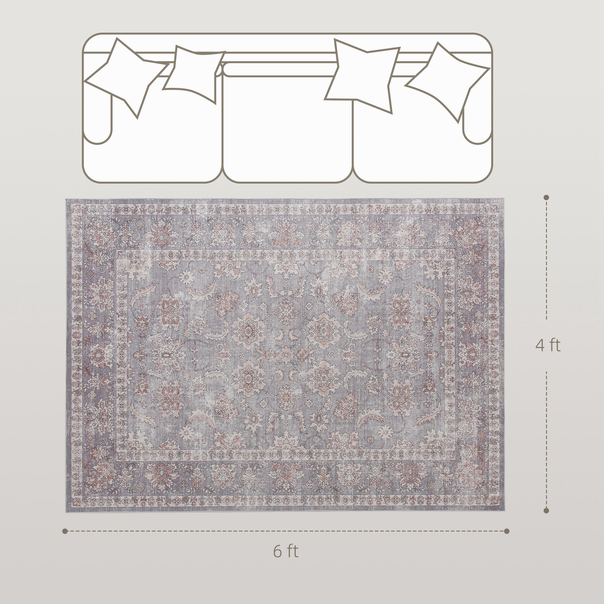 Machine Washable Area Rug 4x6, Non-Slip Traditional Flower Print Floor Carpet for Living Room, Bedroom, Grey and Brown