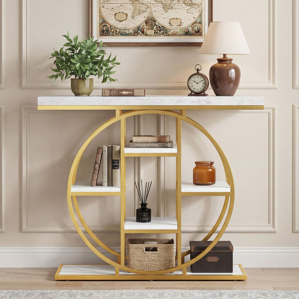 39.4" Console Table with Storage Shelves, Industrial Sofa Table for Living Room, Hallway, White Marble Effect