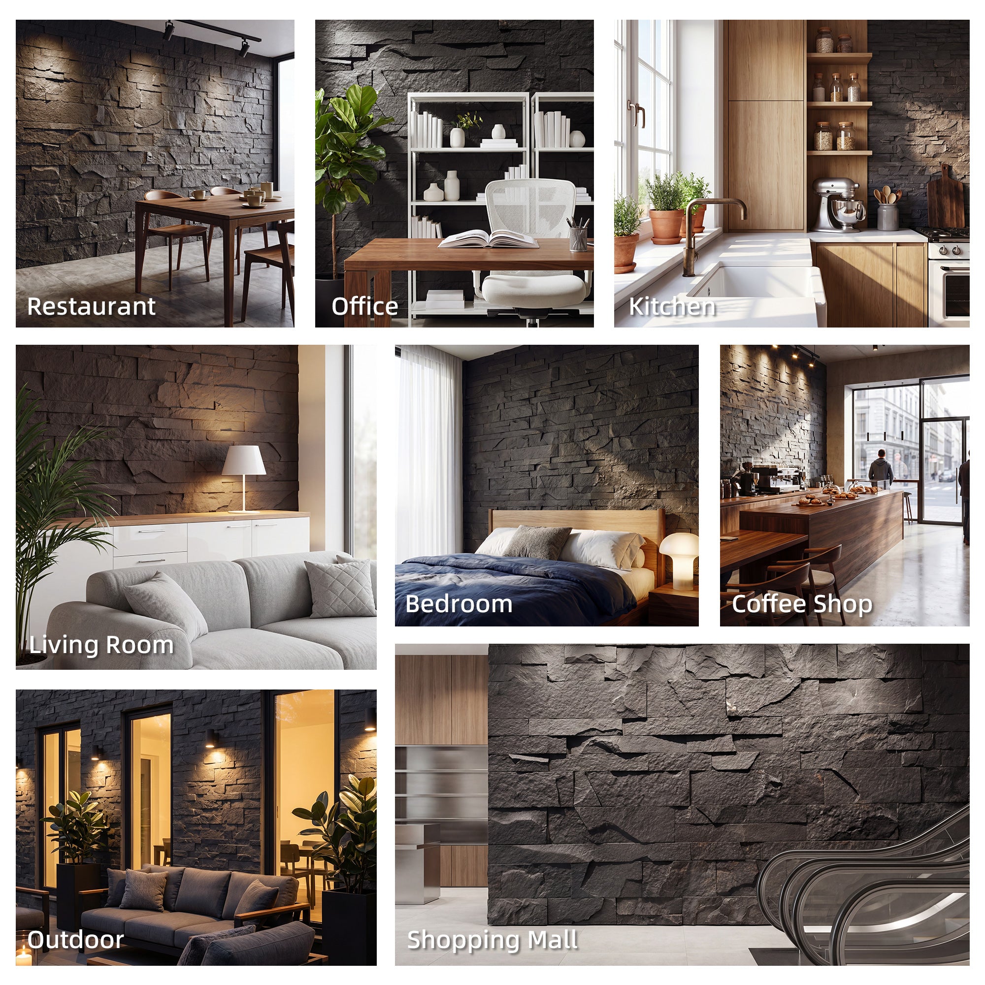 8-Pack 3D Faux Stone Wall Panels, Lightweight Polyurethane Panels for Interior and Exterior Accent Walls, Black