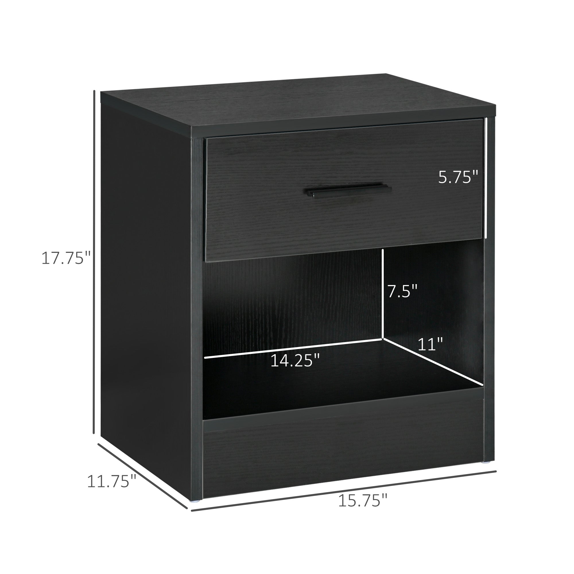 Side Table with Drawer and Storage Shelf, End Table with Storage, Set of 2, Black Wood Grain