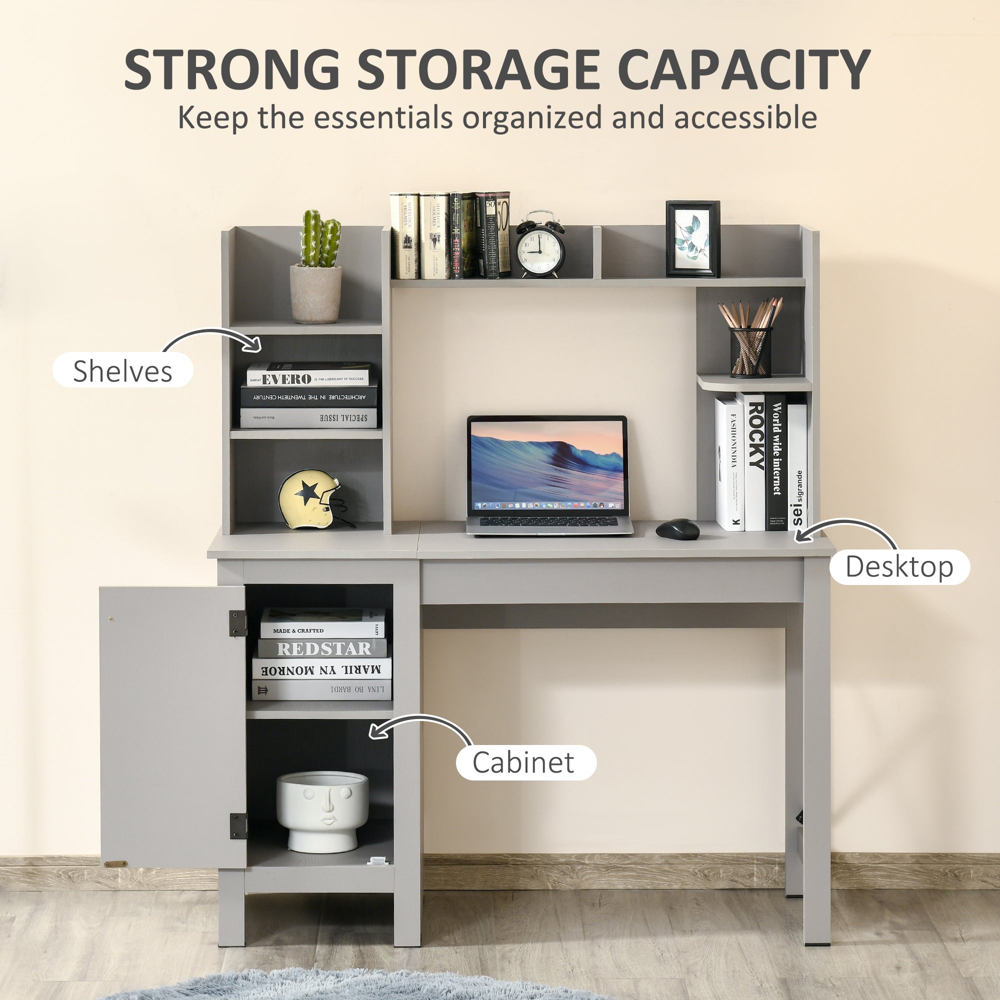 Computer Desk W/ Hutch, Home Office Desk W/ Storage Cabinet, Light Grey