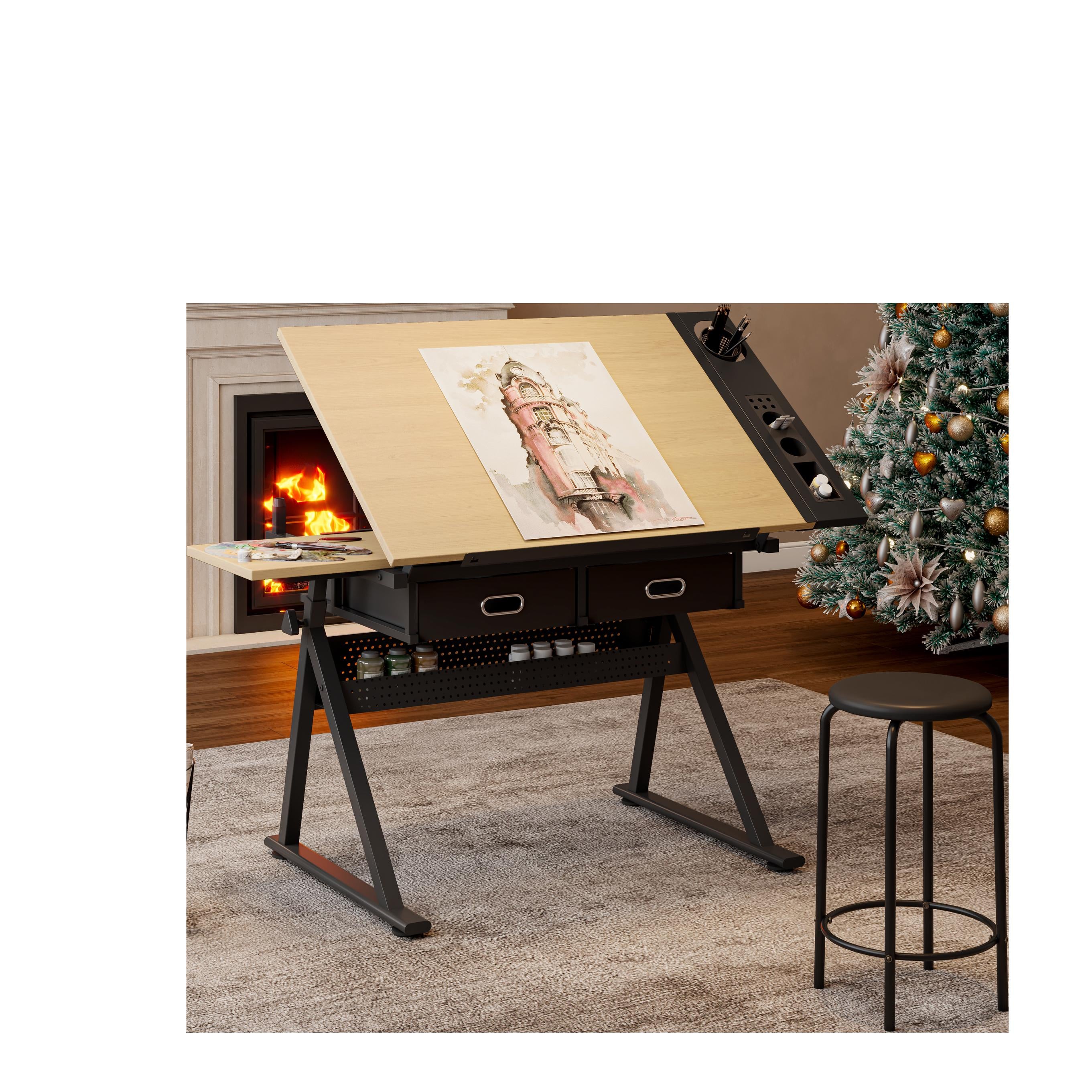 Adjustable Drafting Table Desk with Tilt Top, 2 Large Fabric Drawers, Drawing Desk with Side Pen Storage, 38.5" L x 23.5" W x 27" - 36" H, Maple