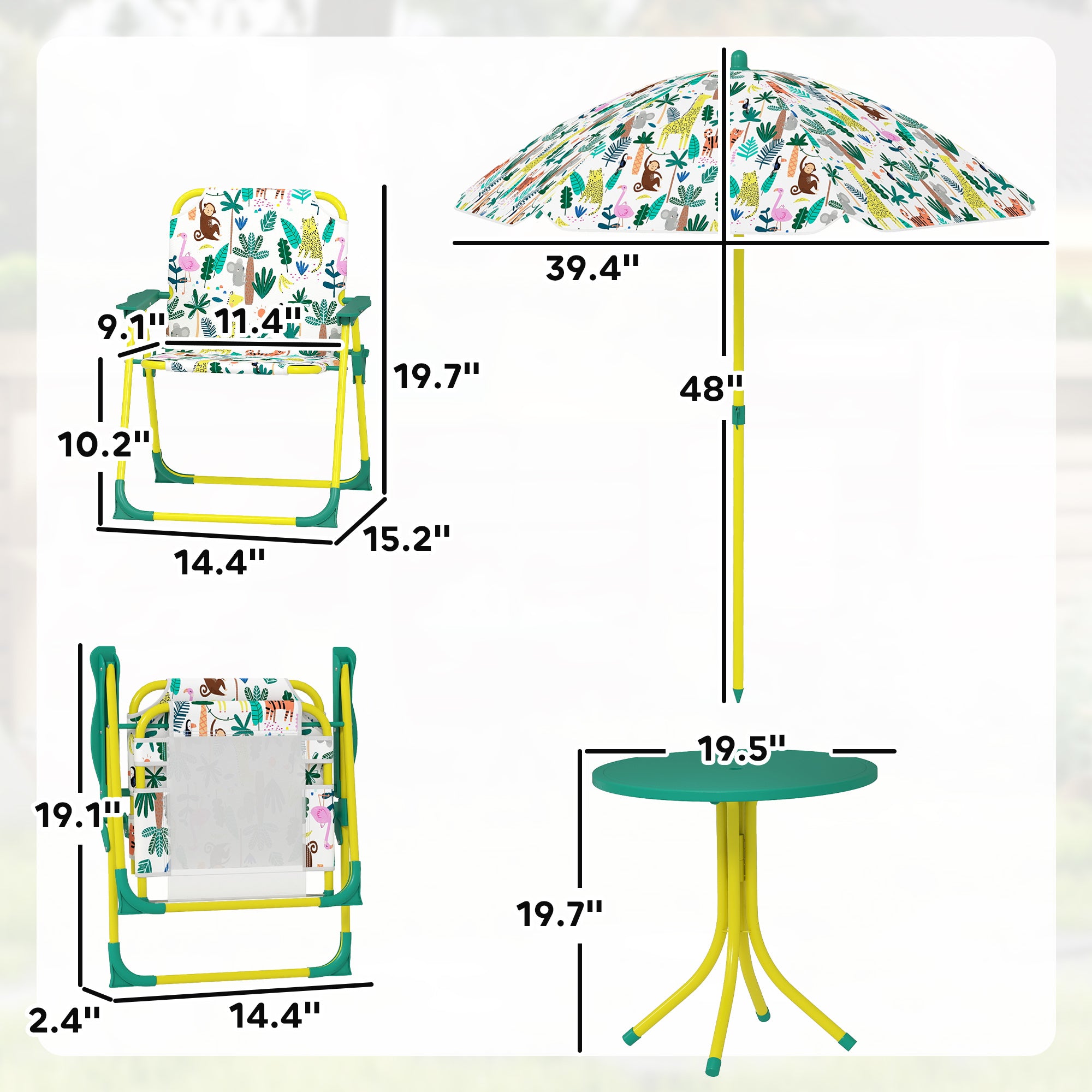 Kids Picnic Table, Kids Table and Chair Set with 2 Folding Chairs and Umbrella for Backyard, Garden, Patio, Green