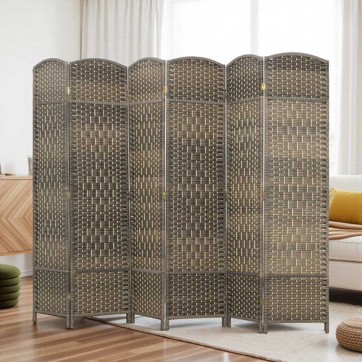 Folding Room Divider Screen 6 Panel 6' Tall Privacy Screen Freestanding Wood Partition for Home Office, Dark Rustic Oak
