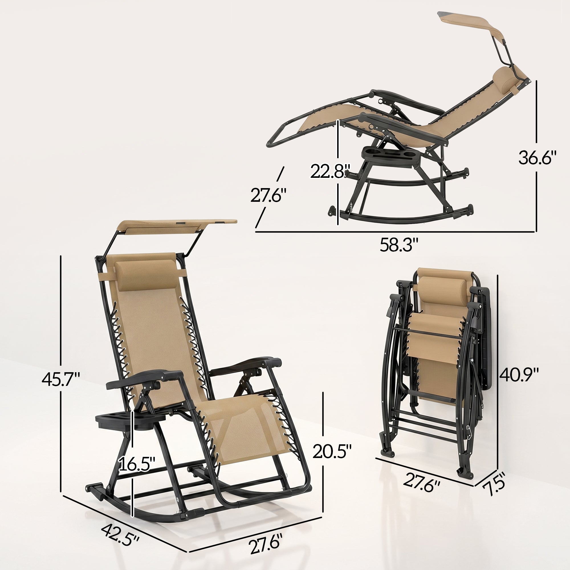 2 Outdoor Rocking Chairs Foldable Reclining Zero Gravity Lounge Rockers w/ Pillow Cup & Phone Holder, Beige