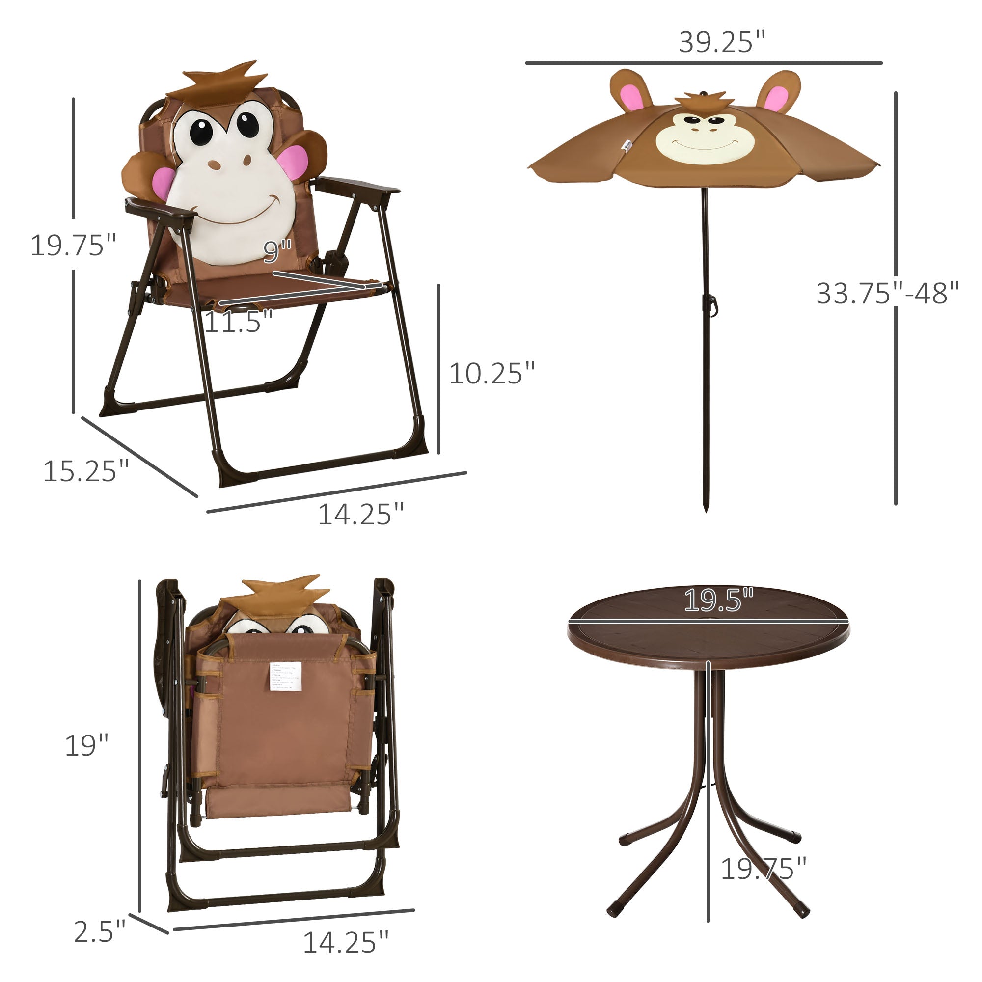 Kids Table and Chair Set, Outdoor Folding Garden Furniture, Picnic Table for Patio Backyard, with Removable & Height Adjustable Sun Umbrella, Brown