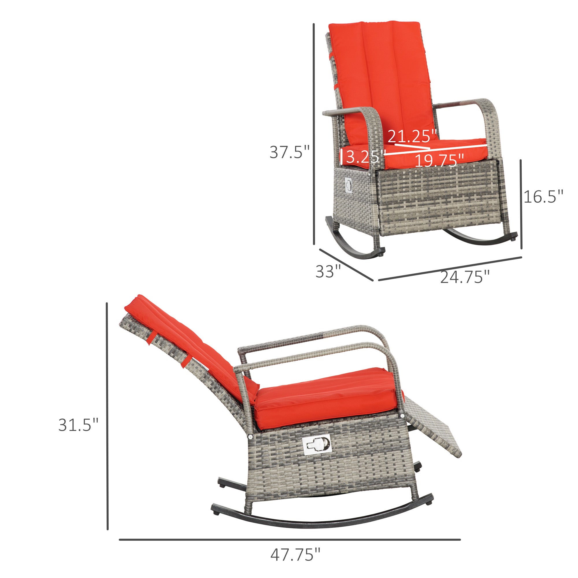 PE Rattan Rocking Recliner with Footrest, Red
