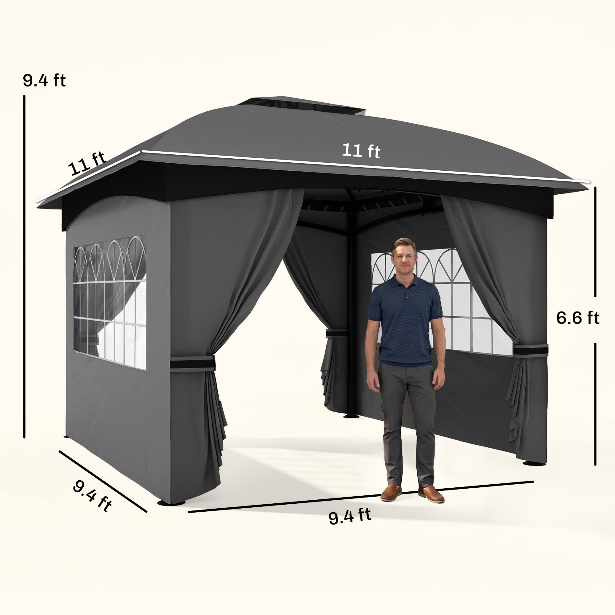 11' x 11' Outdoor Gazebo, Double Roof Patio Gazebo with Curtains, Church Windows, Galvanized Steel Frame, Dark Gray