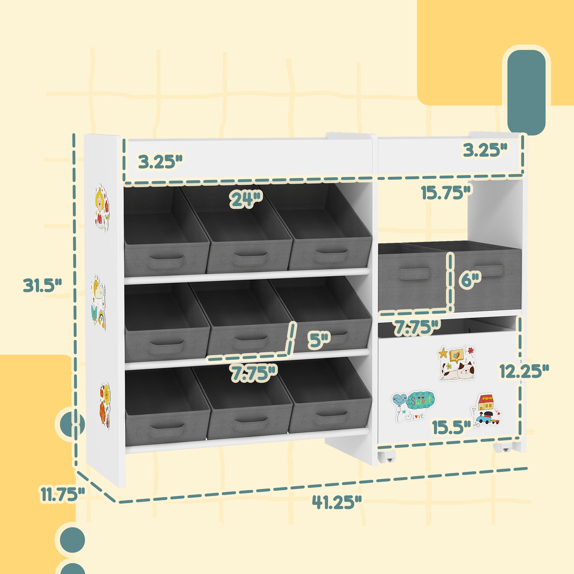 Kids Toy Storage Organizer with 11 Bins, Moveable Cabinet, Top Shelves, 3 Stickers, for Nursery, Playroom, White