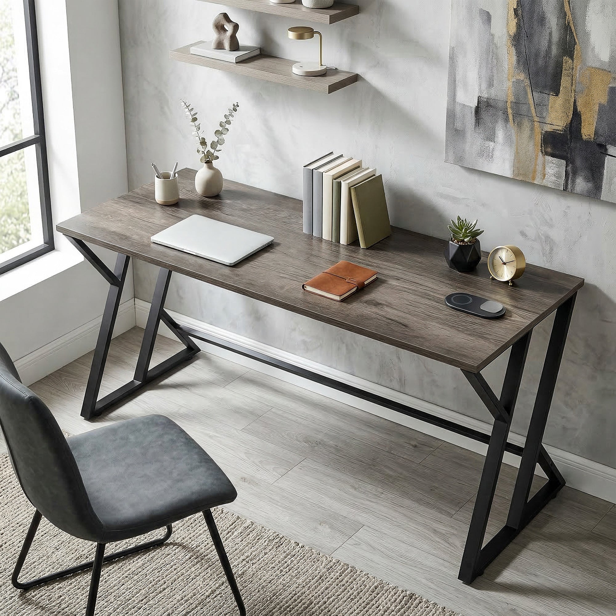 55 Inch Computer Desk, Industrial Writing Desk with Z-Shaped Metal Leg, Study Table for Home Office, Distressed Gray