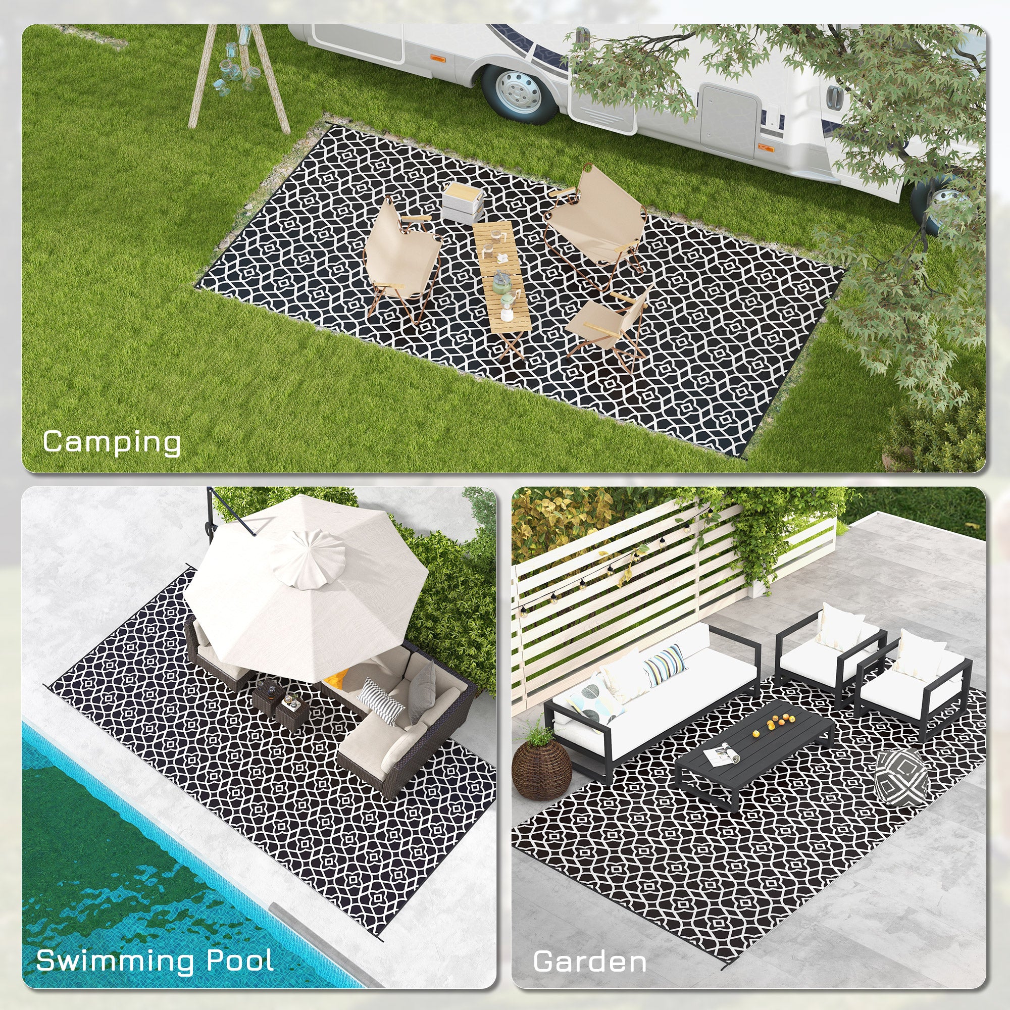 Reversible Outdoor Rug Carpet RV Camping Rugs with Carry Bag, 9' x 18', Black & White Clover