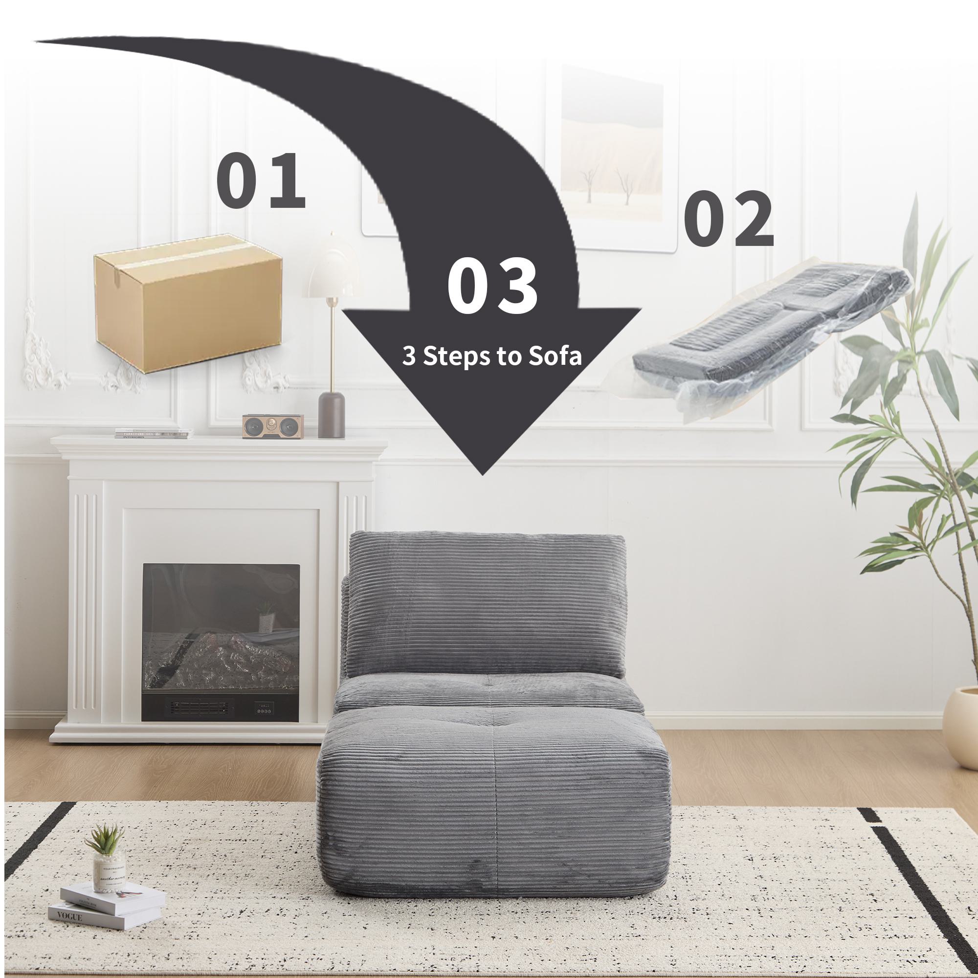 Compressed Sofa Modern Memory Foam Sectional with Pet-Friendly Corduroy Fabric, Modular Sofas for Small Spaces Single Chaise Longue for Apartments, 71" L x 36" W x 28.5" H, Grey