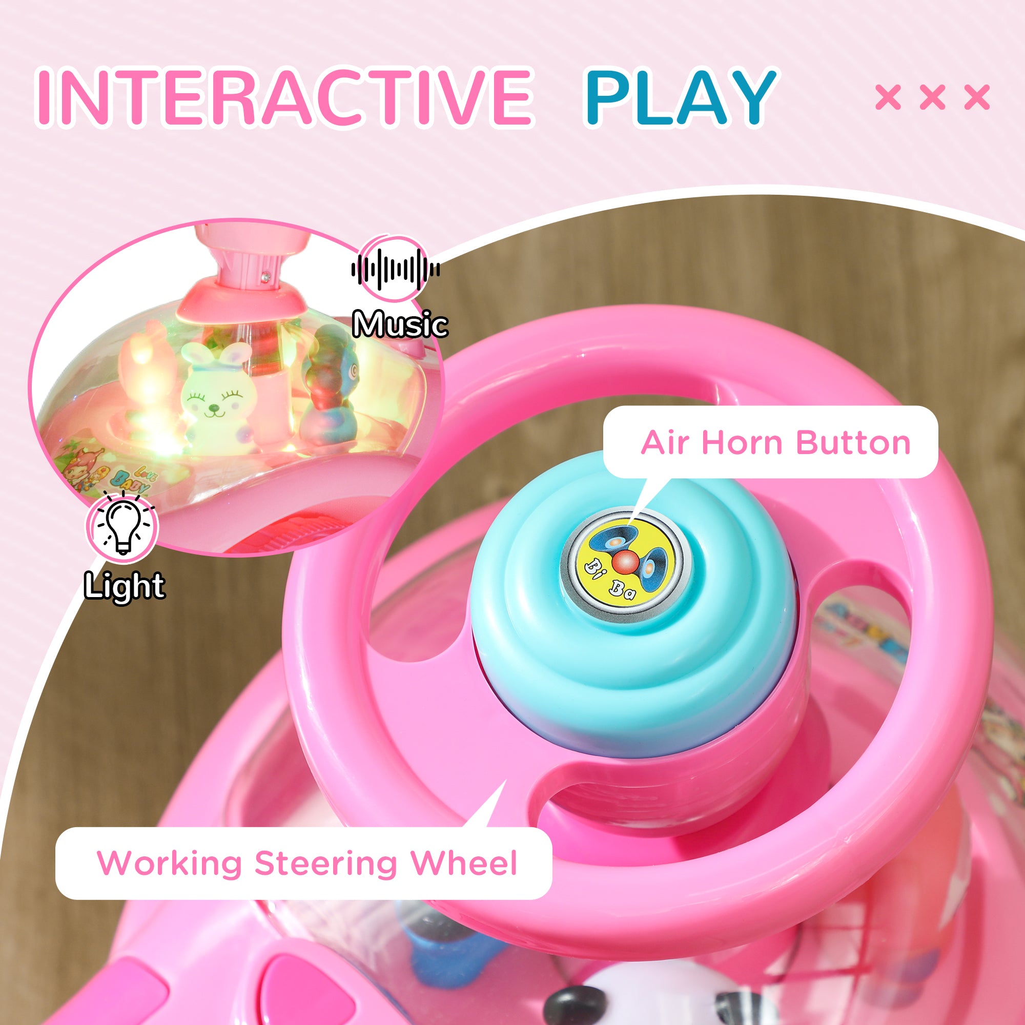 Foot to Floor Toddler Push Car w/ Horn, Light, Music, Anti-Over-Backwards Device & Underseat Storage, Pink