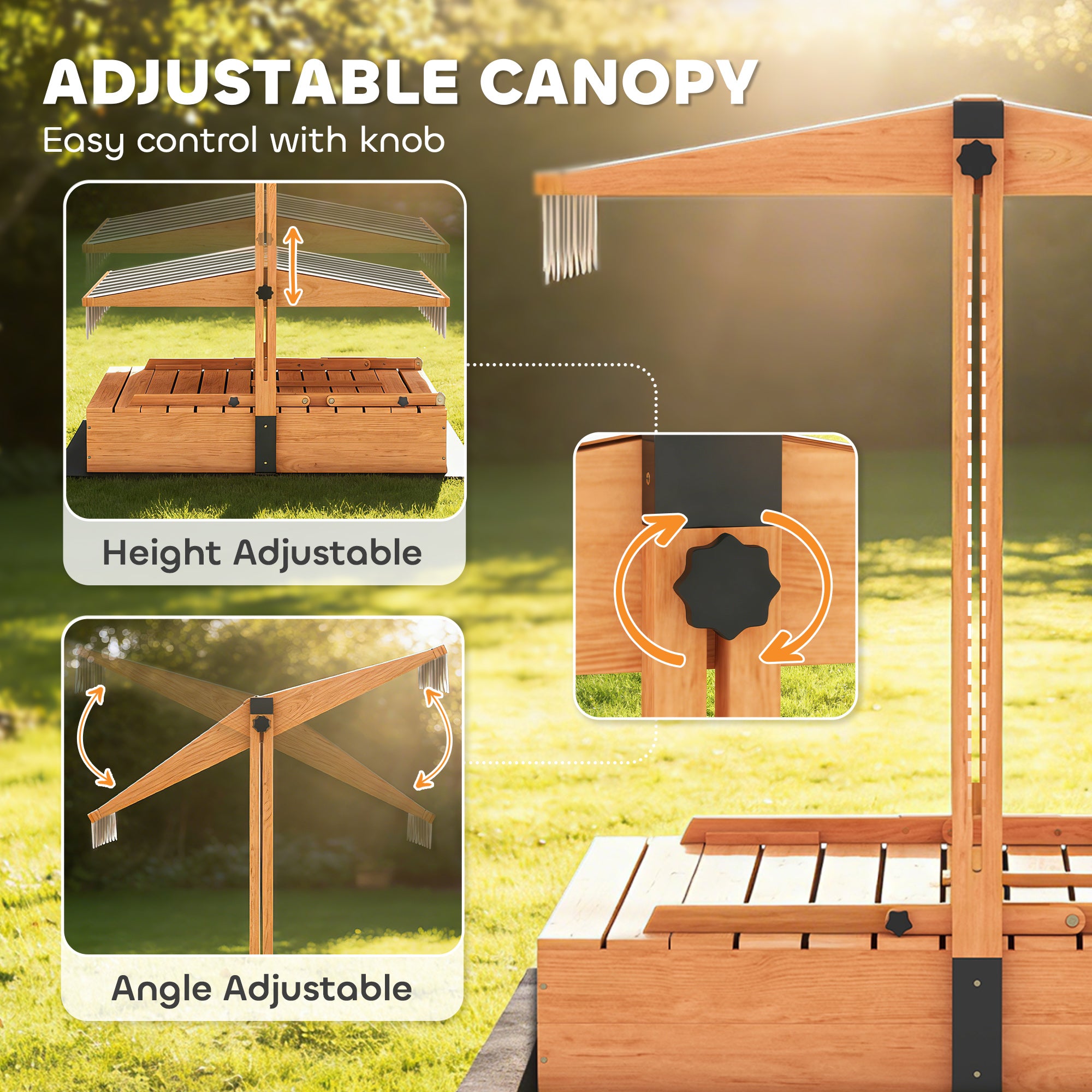 Kids Sandbox with Lid, Wooden Sand Pit with Canopy, Foldable Picnic Table, Bench Seats, Bottom Liner, Cover, Brown