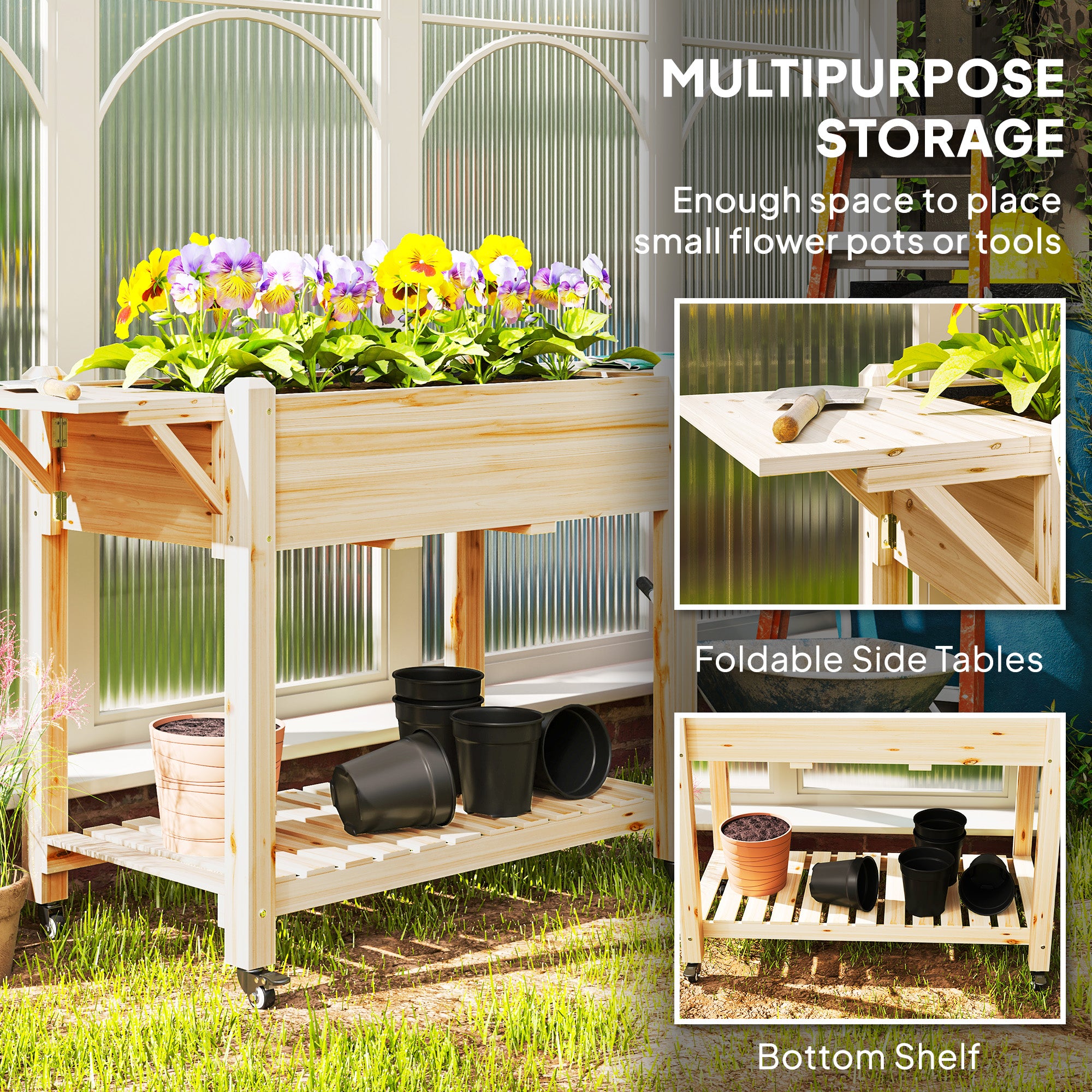 Wood Raised Planter Box, Elevated Garden Bed with Lockable Wheels, Side Tables, Bottom Shelf, Drain Holes, Natural