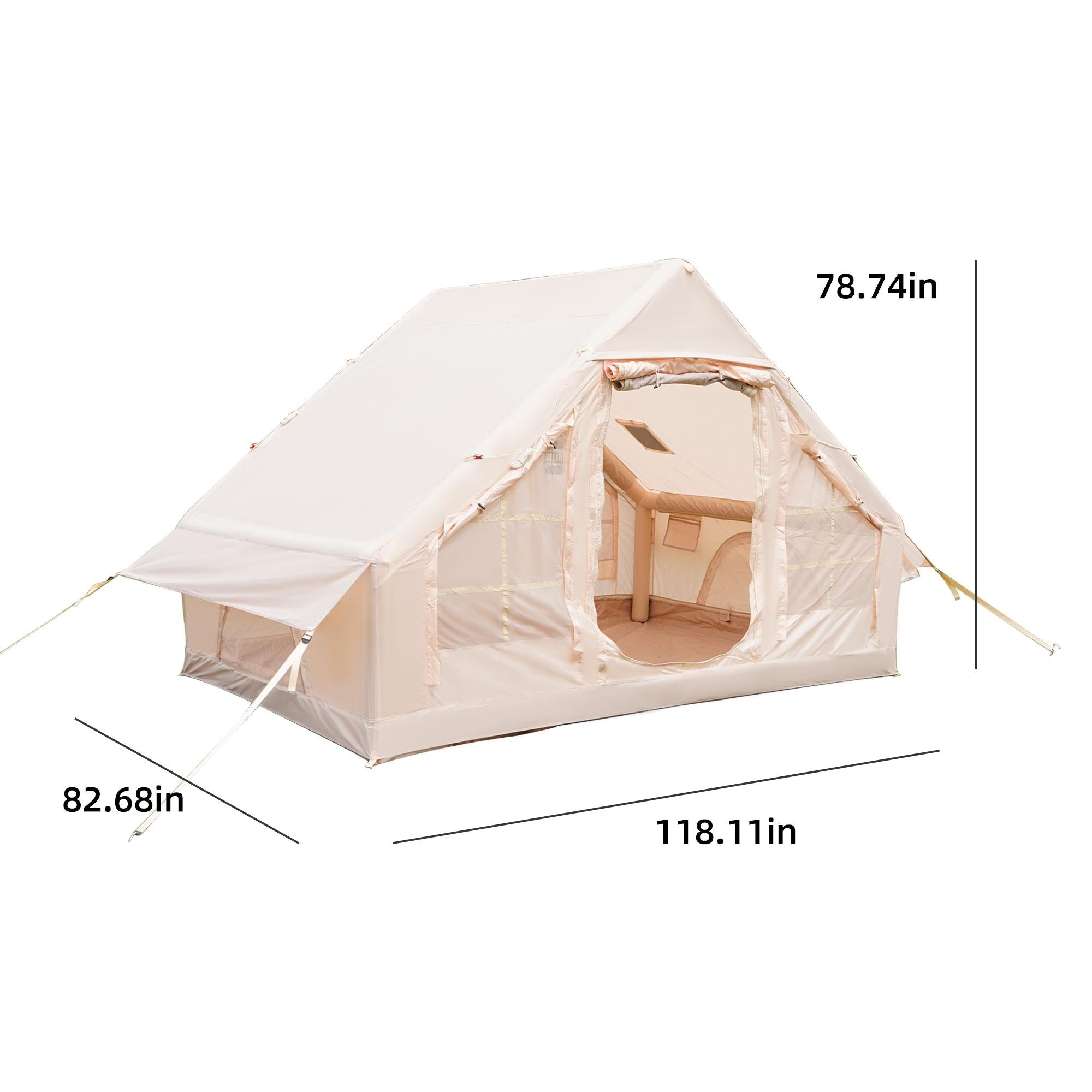 Waterproof Camping Tent with 3-5 Minute Hand Pump Setup, Sturdy Family Tent with Chimney Window, 118″ L x 82.5″ W x 78.5″ H, Beige