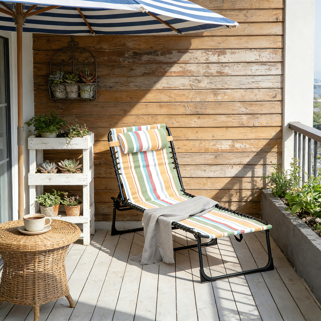Folding Chaise Lounge Pool Chair with 4-Position Reclining Back, Pillow, Breathable Mesh & Bungee Seat, Rainbow Striped