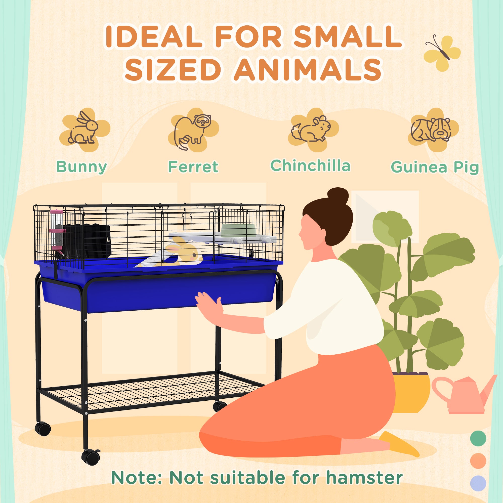 Two-Story Small Animal Cage Removable from Stand, Pet Habitat with Shelf & Wheels, 33" x 18.5" x 35", Blue
