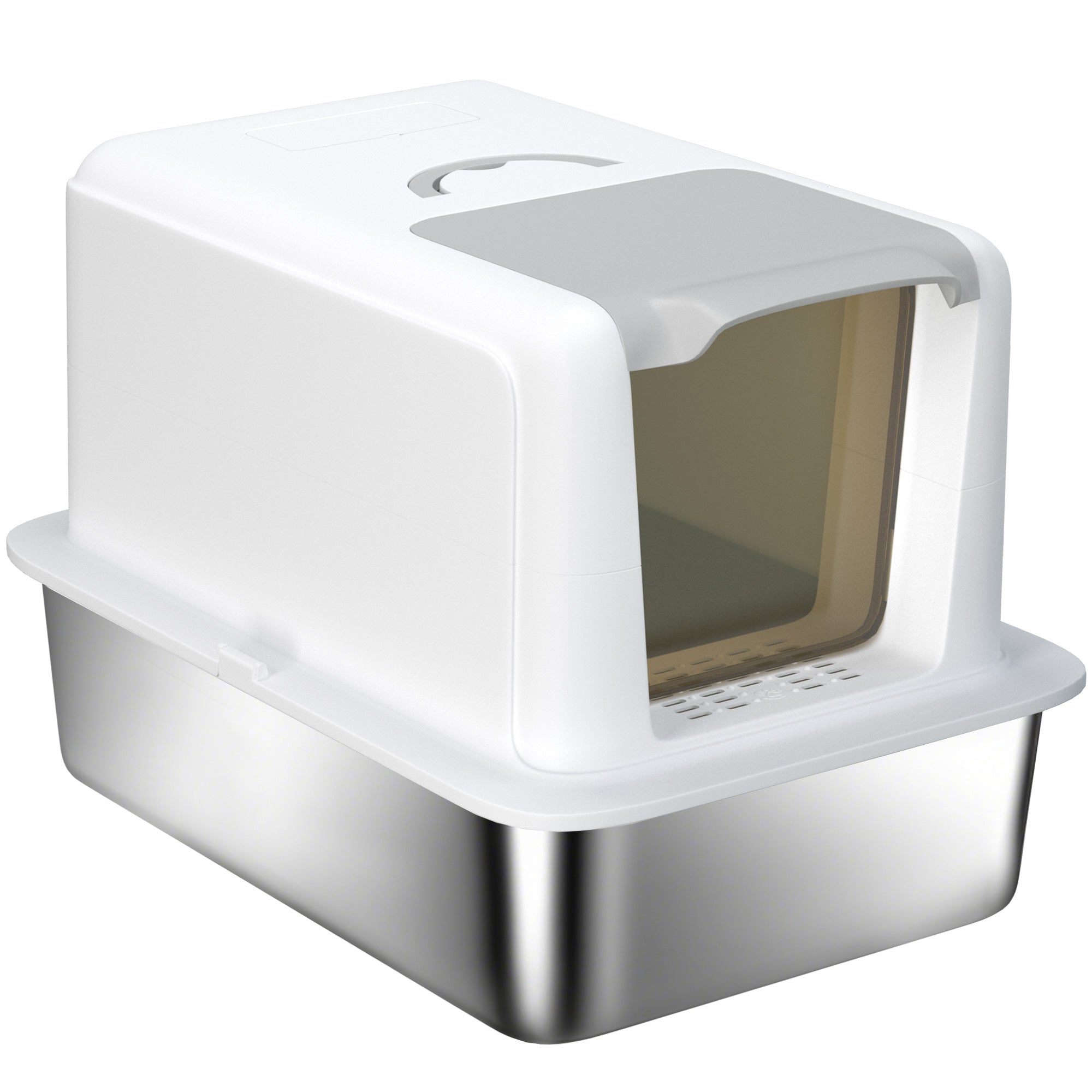 2 in 1 Stainless Steel Cat Litter Box with Removable Lid, Scoop, Filter Bags, for Small to Large Cats, White