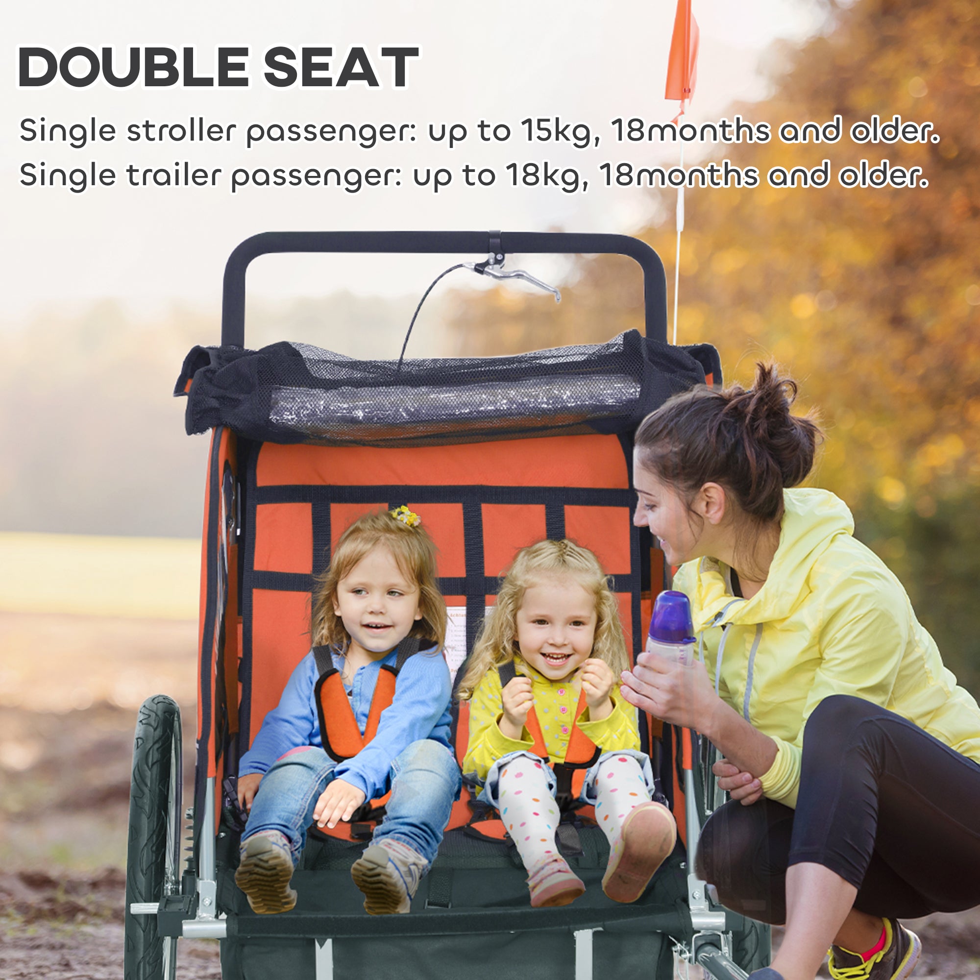 2-Seat Elite 360 Swivel Bike Trailer for Kids Bicycle Cargo Trailer with Water-Resistant Windows, Black and Orange