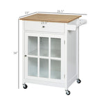 27" Rolling Kitchen Island Cart with Drawer and Glass Door Cabinet, Kitchen Trolley with Adjustable Shelf and Towel Rack, White