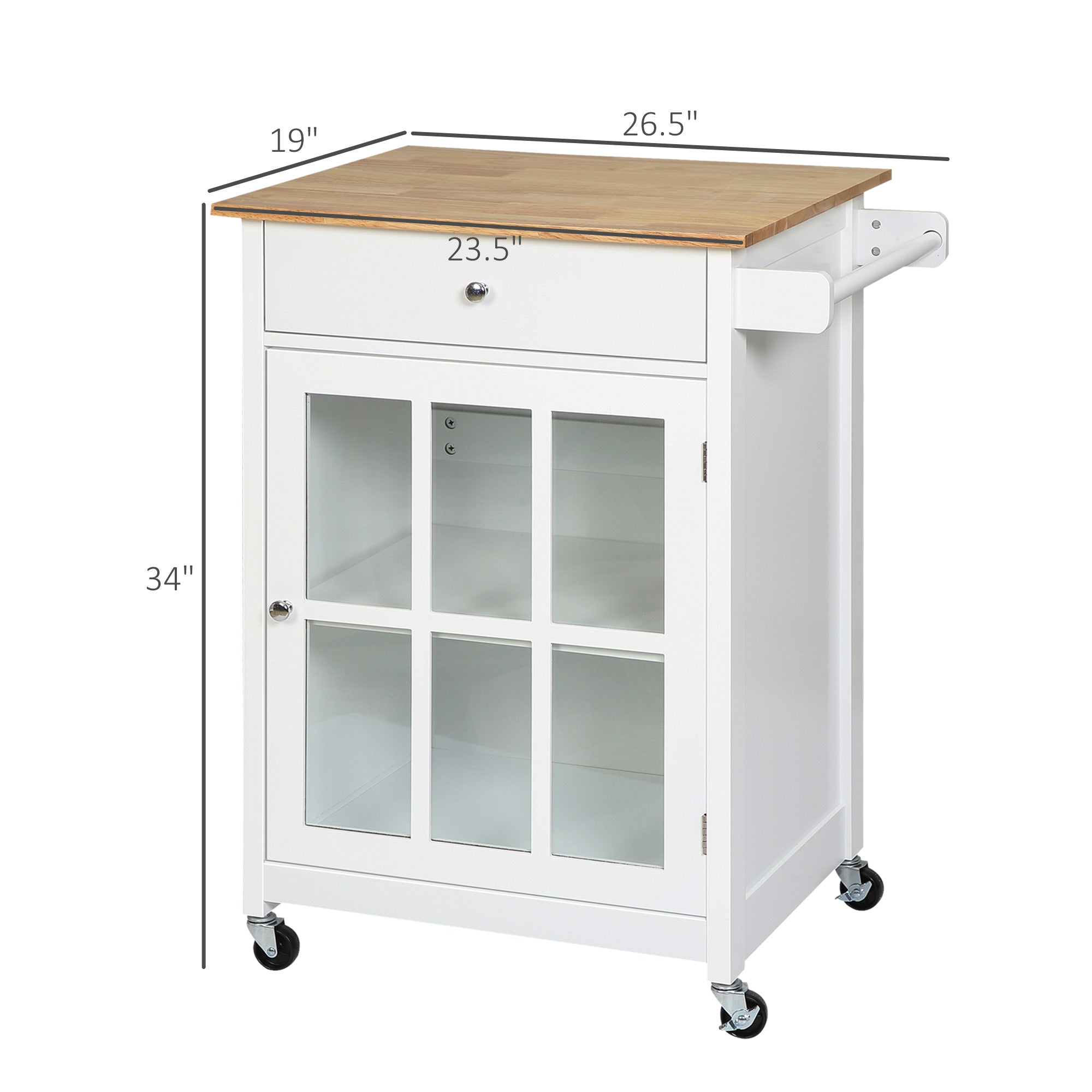 27" Rolling Kitchen Island Cart with Drawer and Glass Door Cabinet, Kitchen Trolley with Adjustable Shelf and Towel Rack, White