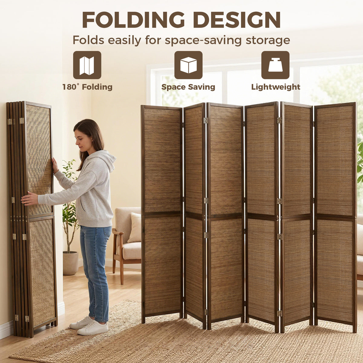 Room Divider, 6 Panel Folding Privacy Screen, 6 FT Tall Hand-Woven Bamboo Wall Partition, Brown