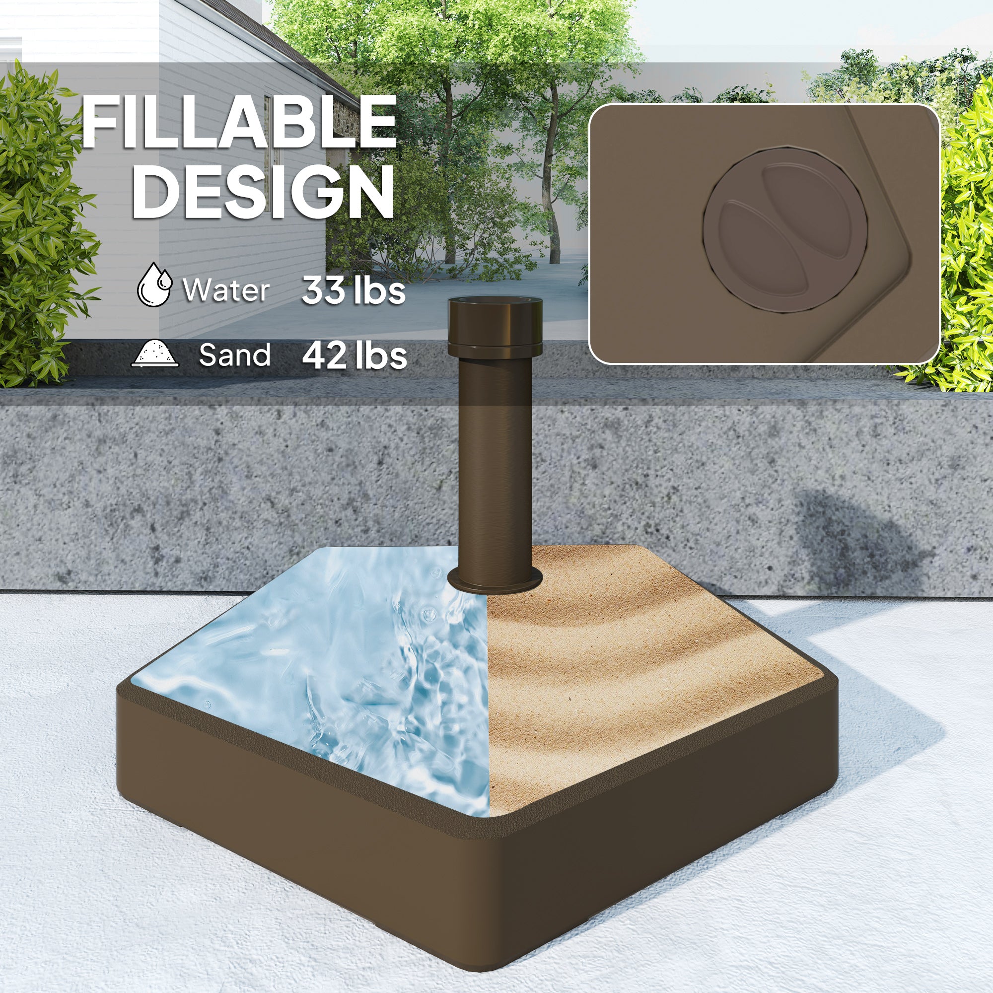 Patio Umbrella Base Holder, Heavy Duty Outdoor Umbrella Stand Base, Filled Up to 42lbs with Sand or 33lbs with Water for Garden, Poolside, Brown