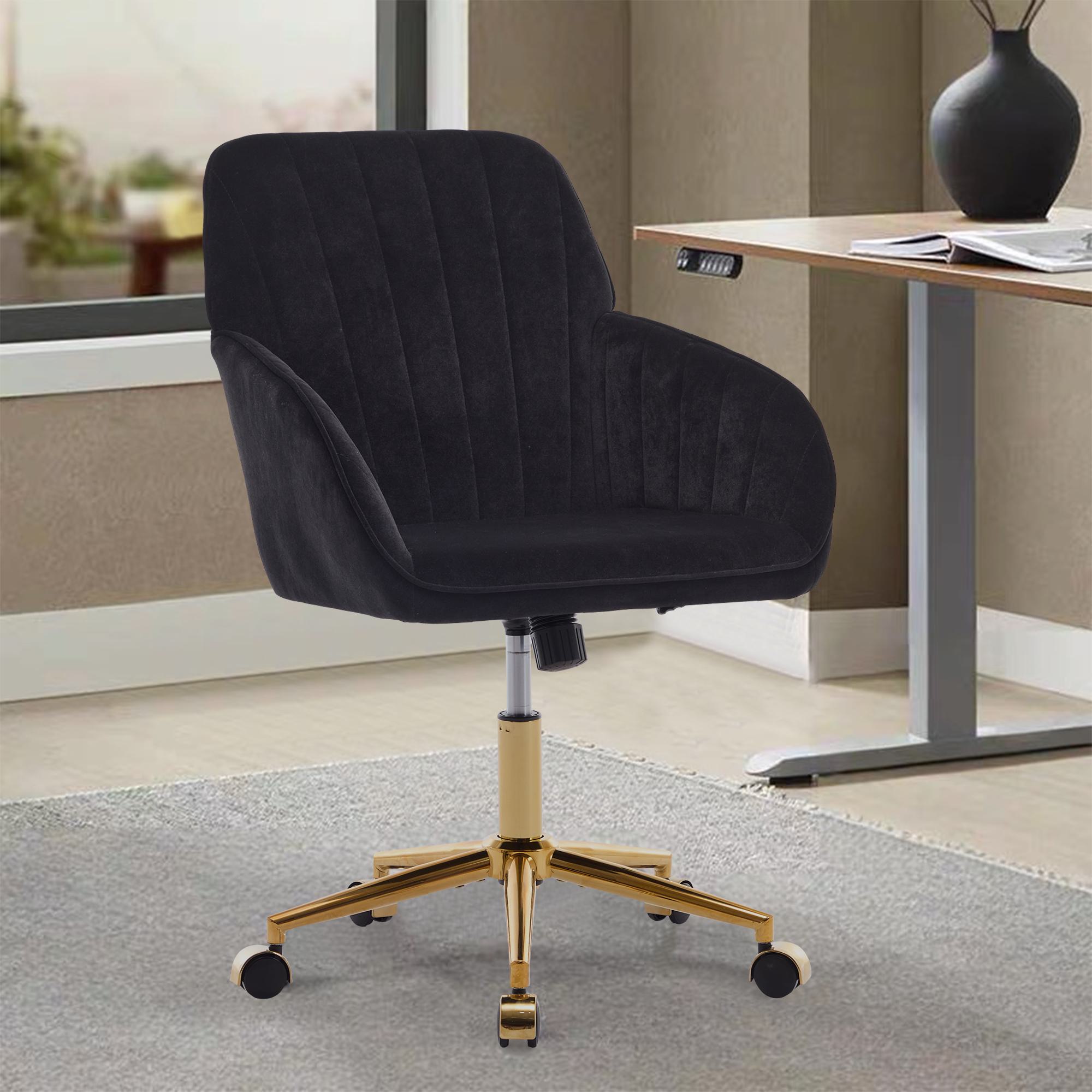 Adjustable Ergonomic Swivel Chair with Velvet Cushion and Lumbar Support, Office Chair with Golden Base, 25" L x 23" W x 38" H, Black