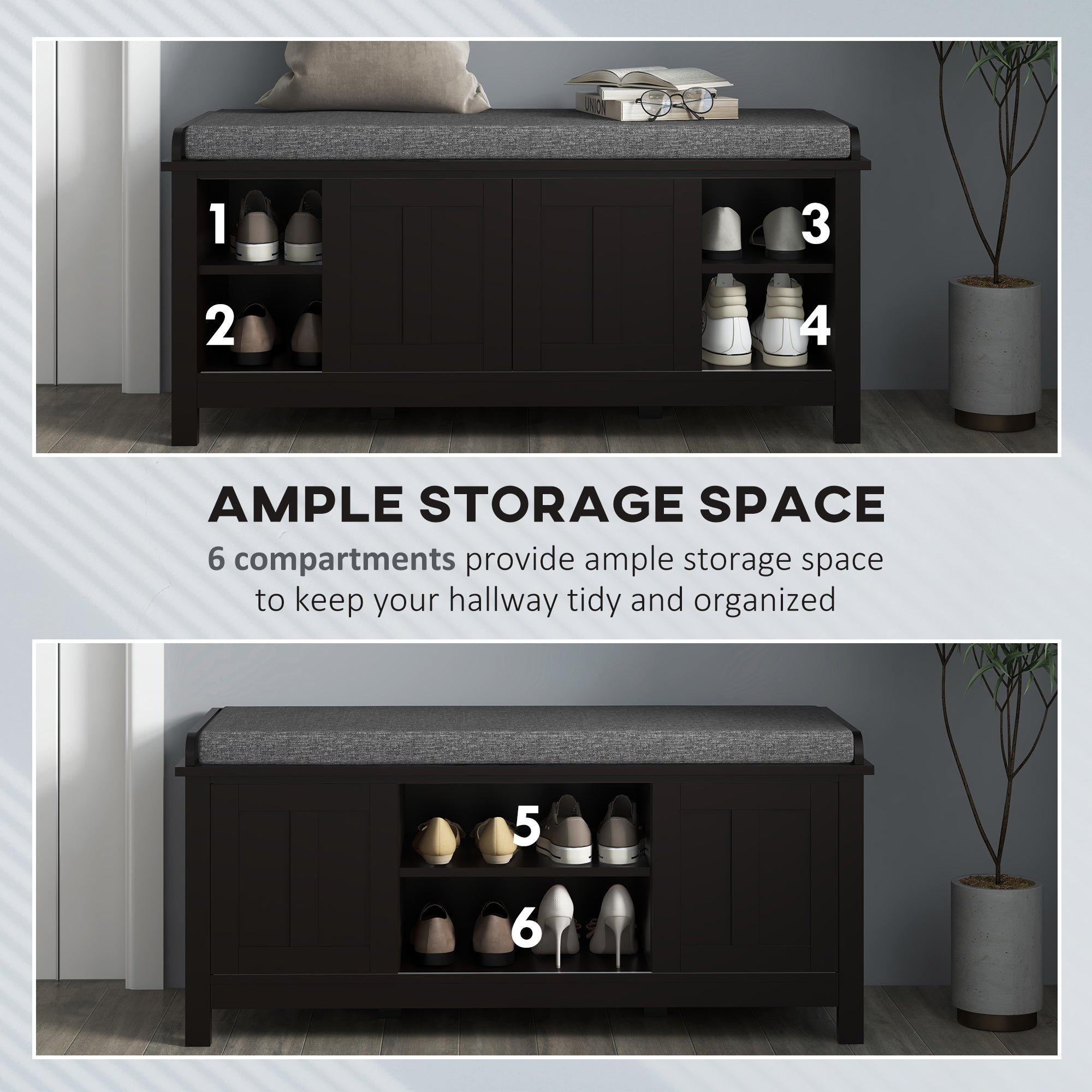 Modern Shoe Storage Bench, Entry Way Bench with Cushion, 2 Sliding Doors, Storage Ottoman Bench, Holds 10 Pairs, Black