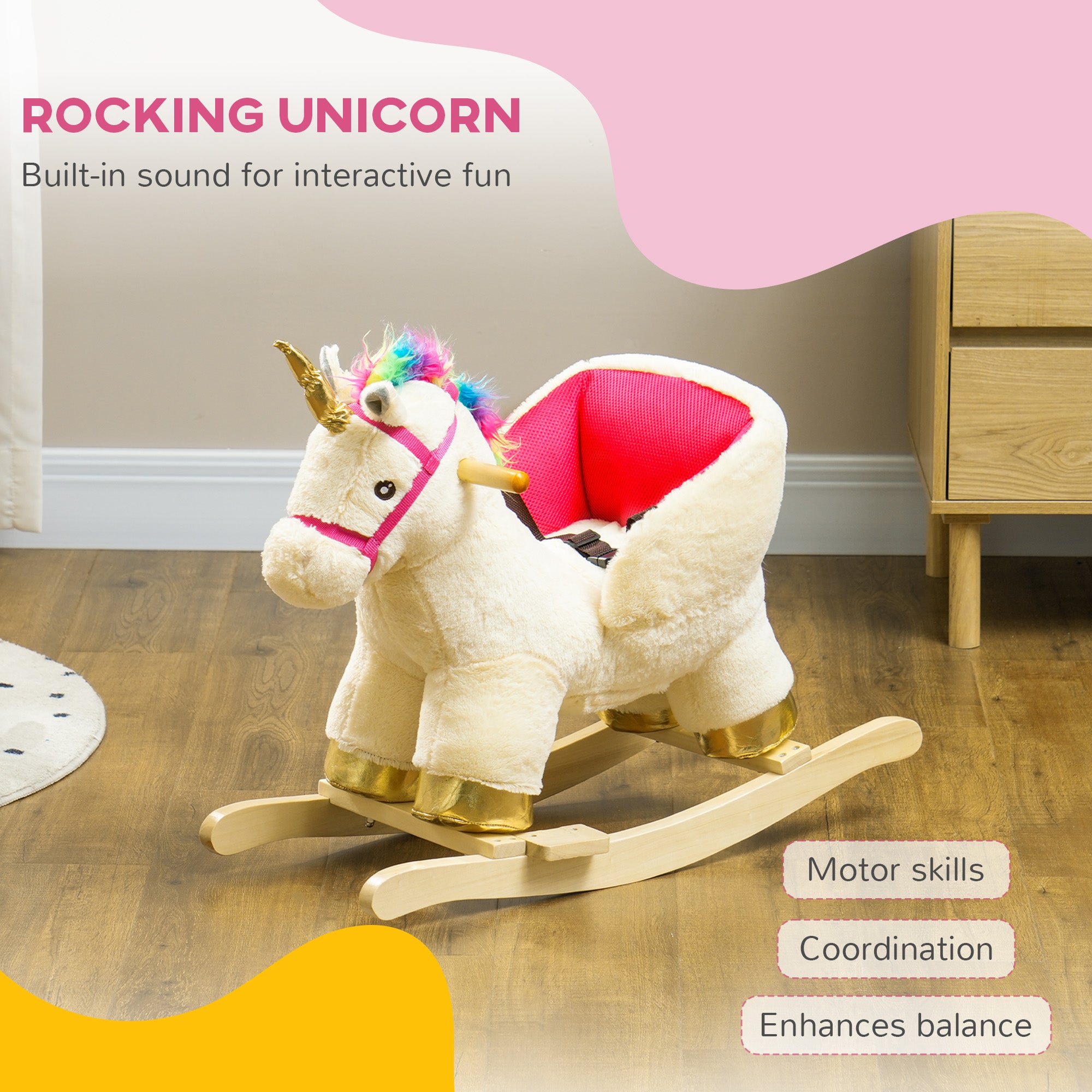 Kids Rocking Horse, Unicorn with Realistic Sound, Safety Belt & Wooden Base for 18-36 Months