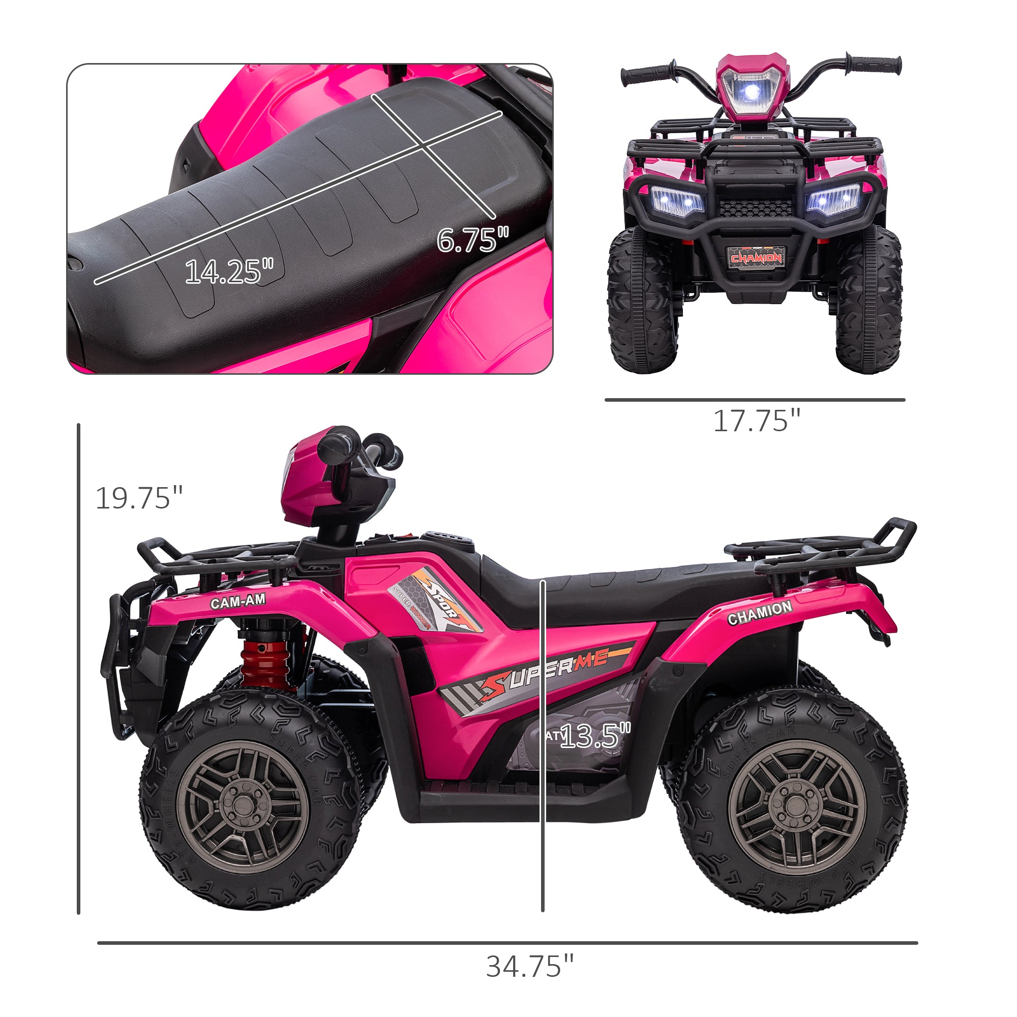 12V Electric Toy Car with Forward Backward Function, Music, LED Headlights, for Ages 3-5 Years, Pink