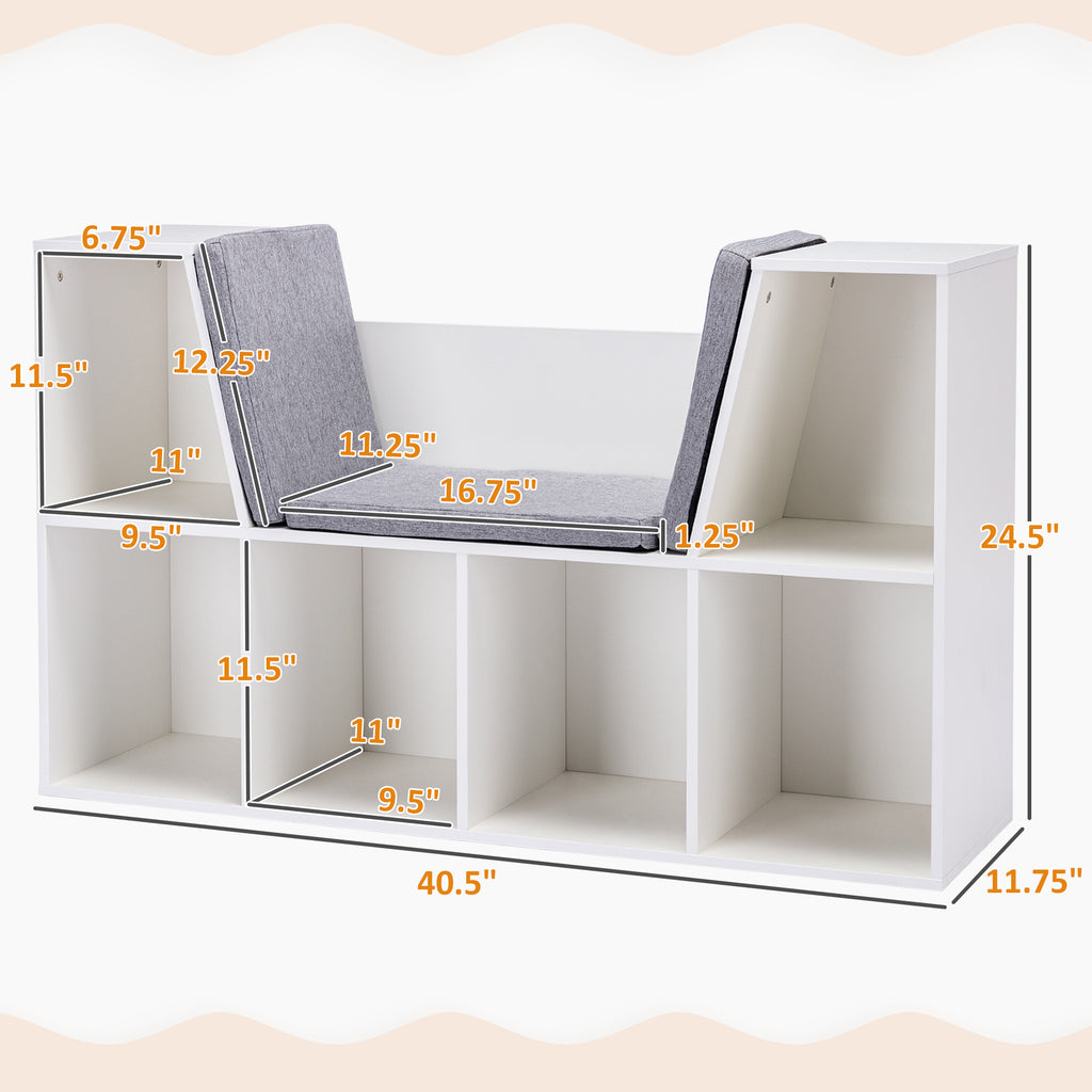 6-Cubby Kids Bookcase with Reading Nook and Cushion, Multi-Purpose Storage Organizer for Bedroom, Living Room, Pure White
